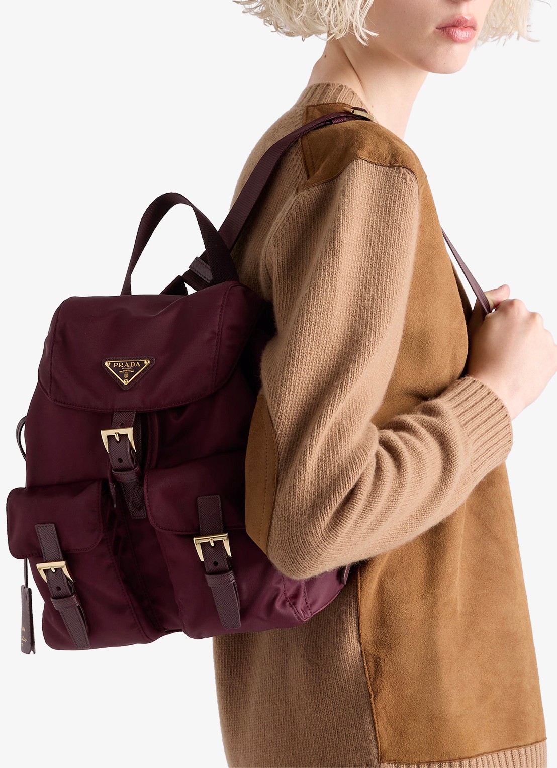 Prada Small Re-Nylon rugzak met logo - voorkant 2 bordeauxrood