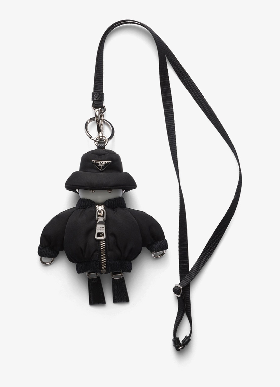 Prada Soft Robot Re-Nylon sleutelhanger met afneembaar koord - voorkant 2 zwart
