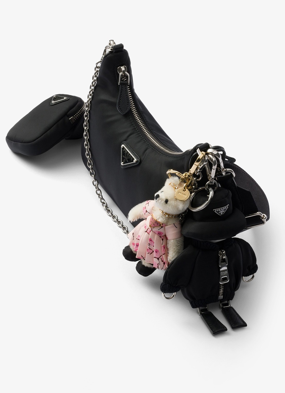 Prada Soft Robot Re-Nylon sleutelhanger met afneembaar koord - voorkant 3 zwart