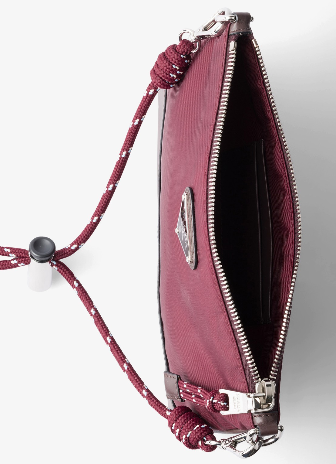 Prada Speedrock Re-Nylon telefoonhoesje met leren details en afneembare schouderriem - detail 4 bordeauxrood