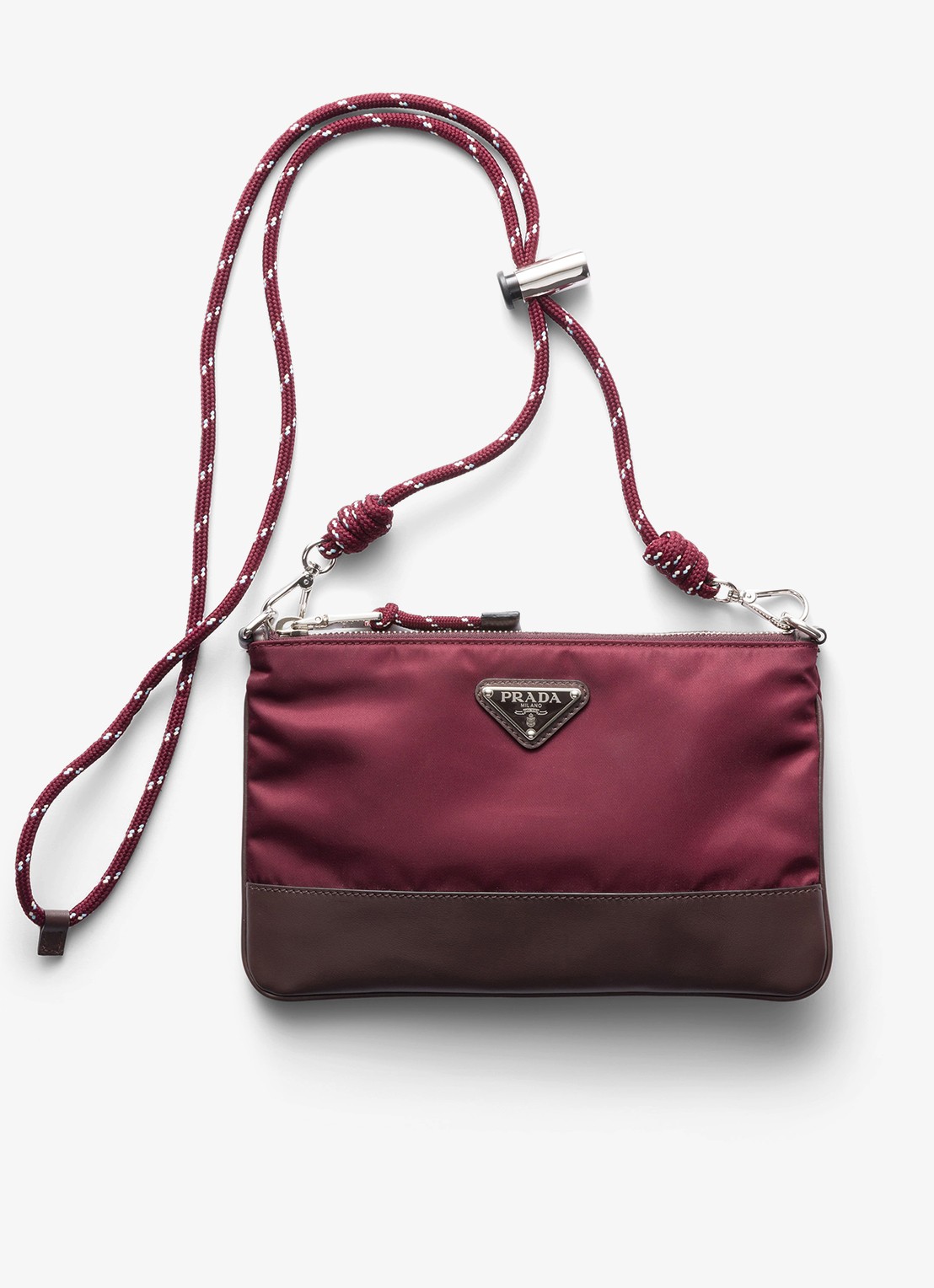 Prada Speedrock Re-Nylon telefoonhoesje met leren details en afneembare schouderriem - voorkant bordeauxrood