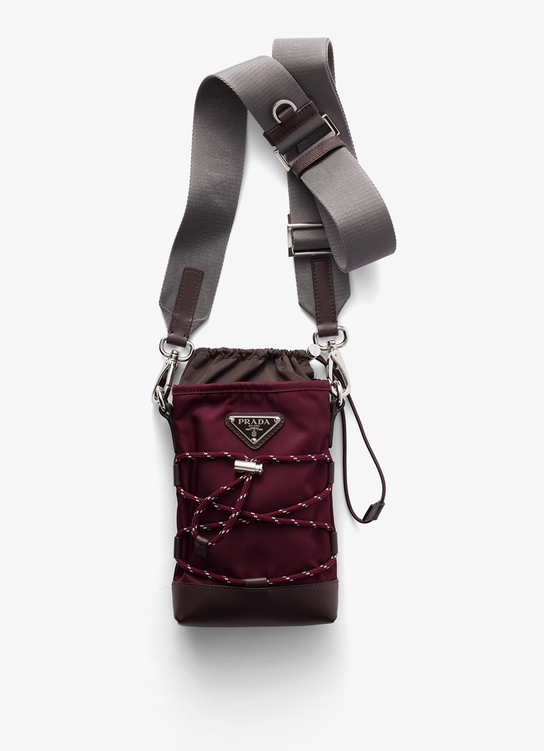 Prada Speedrock Re-Nylon telefoonhoesje met leren details en afneembare schouderriem - voorkant bordeauxrood