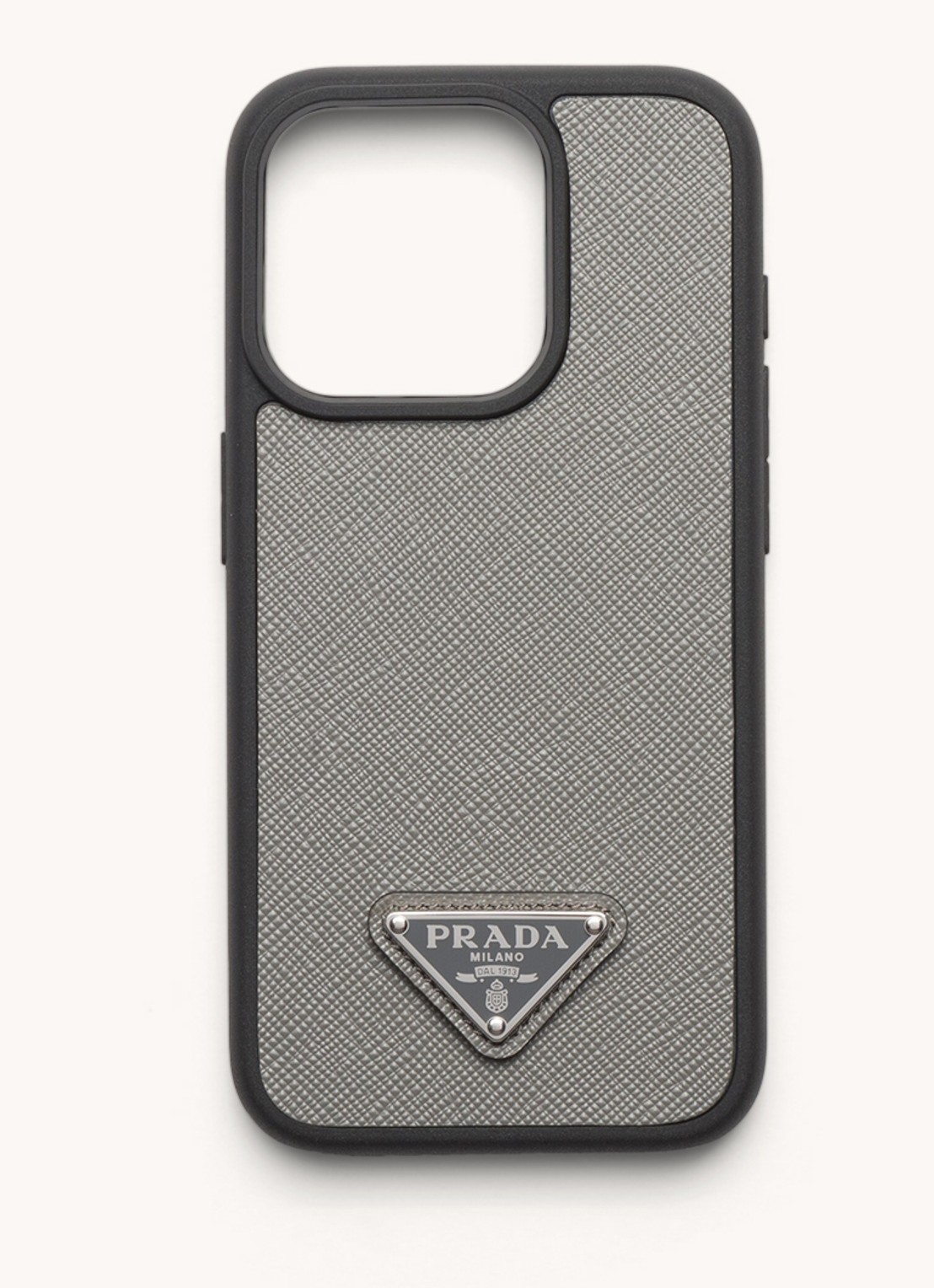 Prada Telefoonhoes van leer voor iPhone 15 Pro - voorkant lichtgrijs