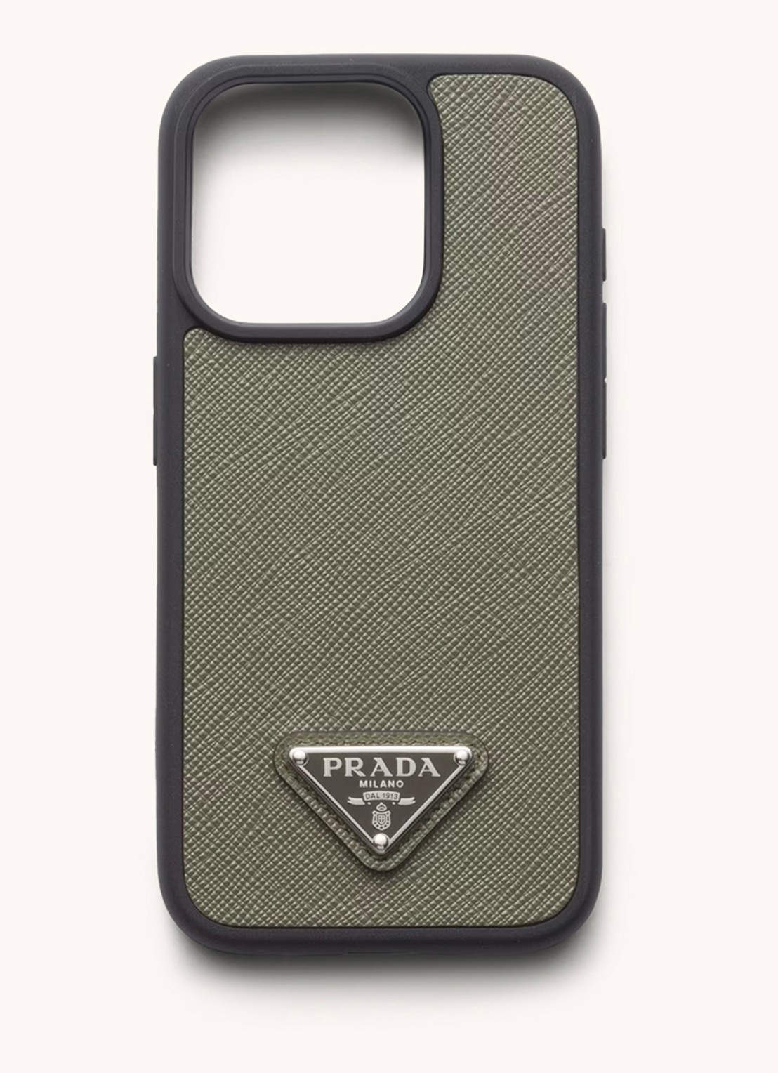Prada Telefoonhoes van leer voor iPhone 15 Pro - voorkant 2 olijfgroen
