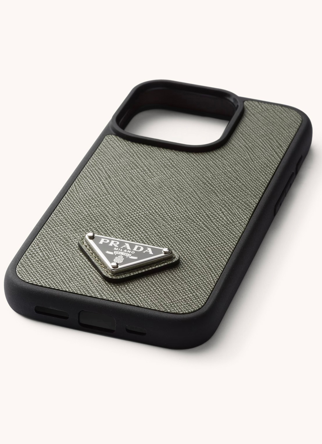 Prada Telefoonhoes van leer voor iPhone 15 Pro - voorkant 3 olijfgroen