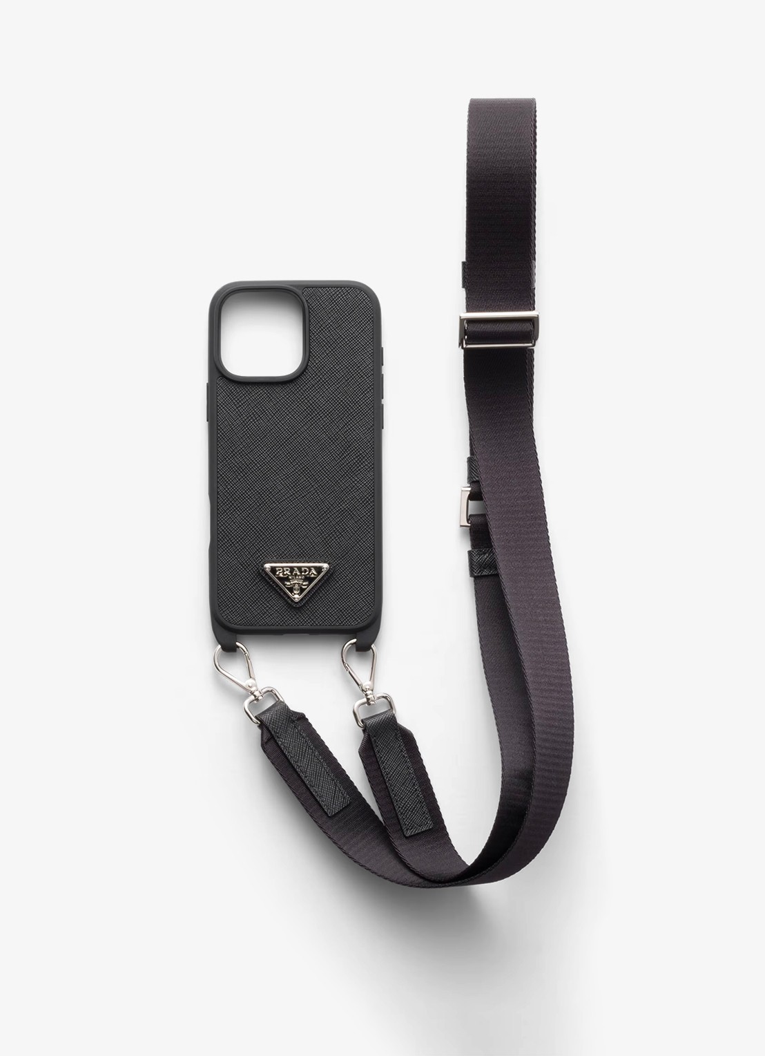 Prada Telefoonhoesje van kalfsleer met schouderriem voor iPhone 16 Pro Max - voorkant 3 zwart