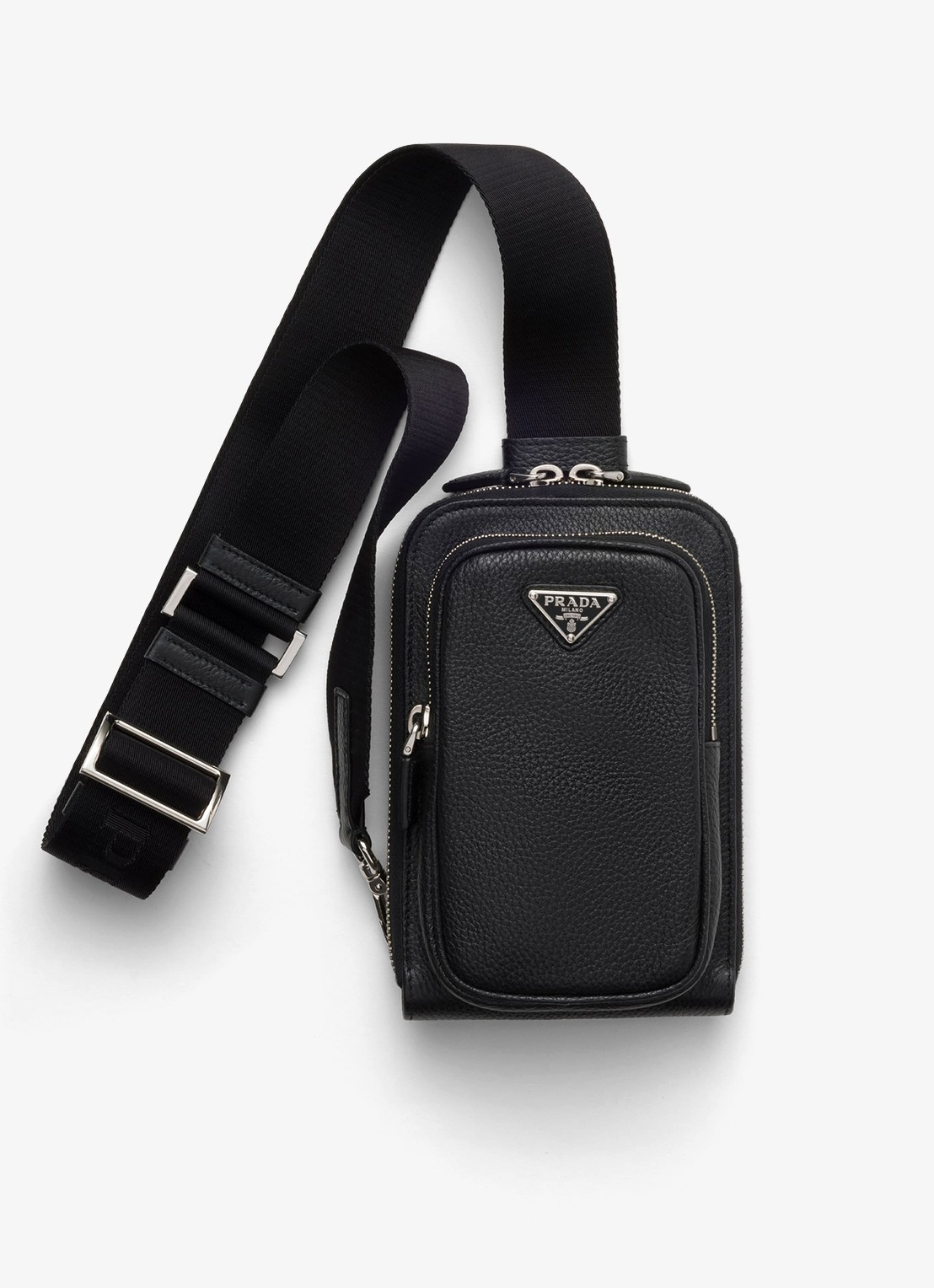 Prada Telefoonhoesje van kalfsleer met schouderriem - voorkant 3 zwart