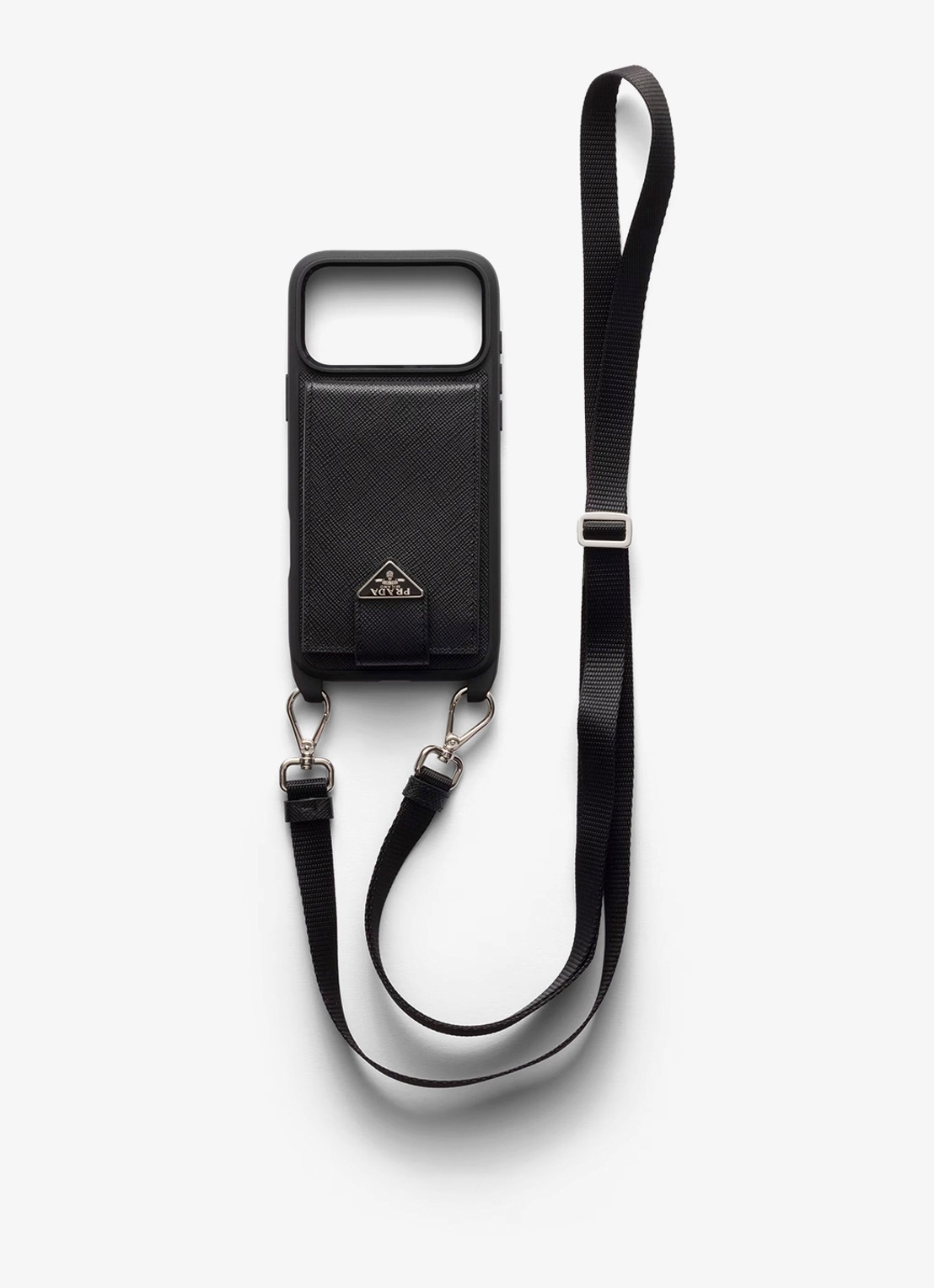 Prada Telefoonhoesje van leer voor iPhone 17 Pro Max met afneembare schouderriem - voorkant 3 zwart