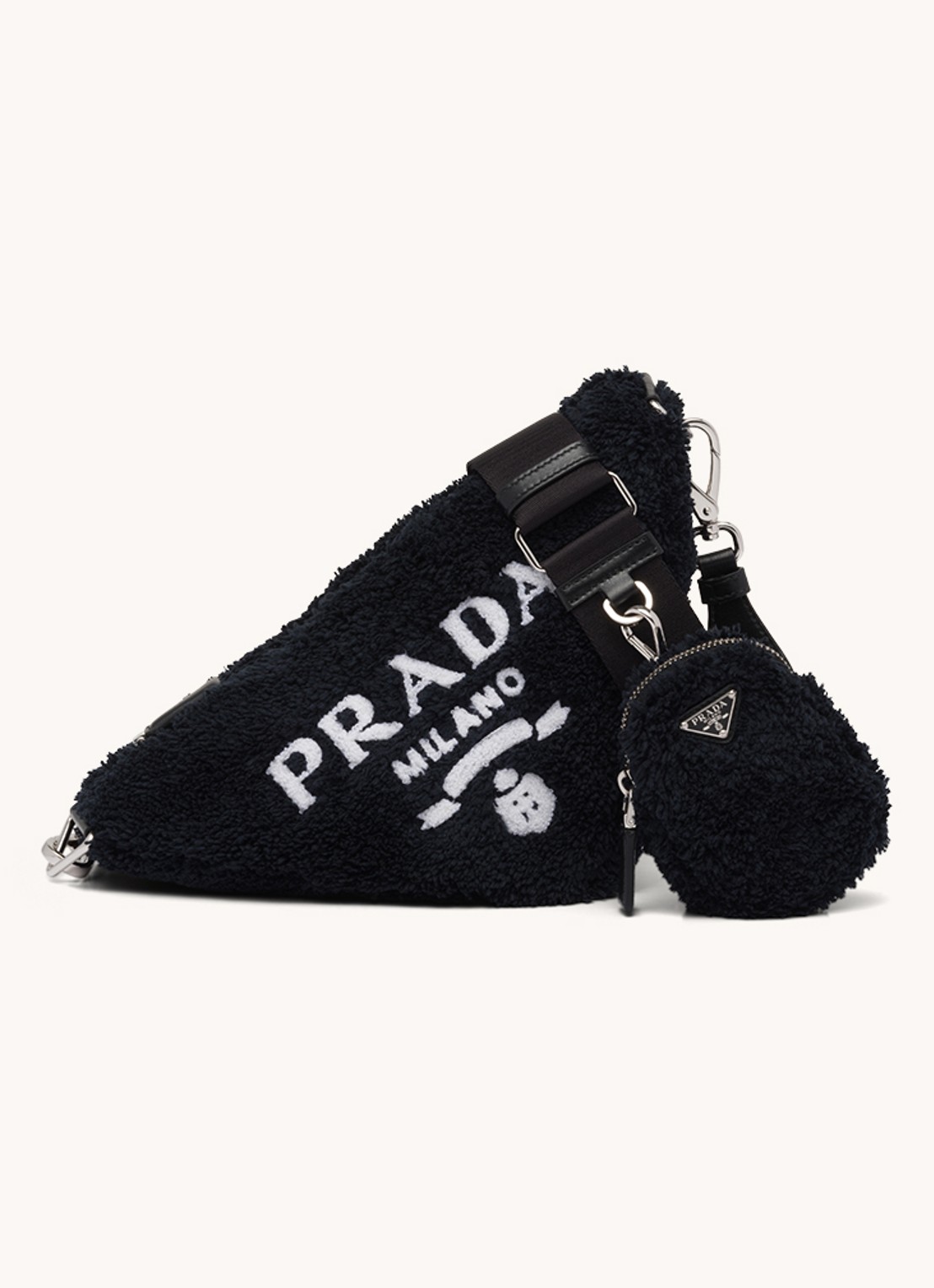 Prada Triangle Terrycloth schoudertas met schapenvacht - voorkant zwart