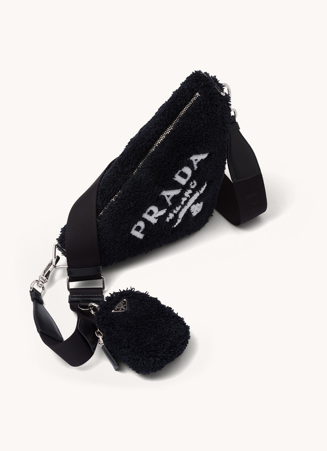 Prada Triangle Terrycloth schoudertas met schapenvacht - voorkant 2 zwart