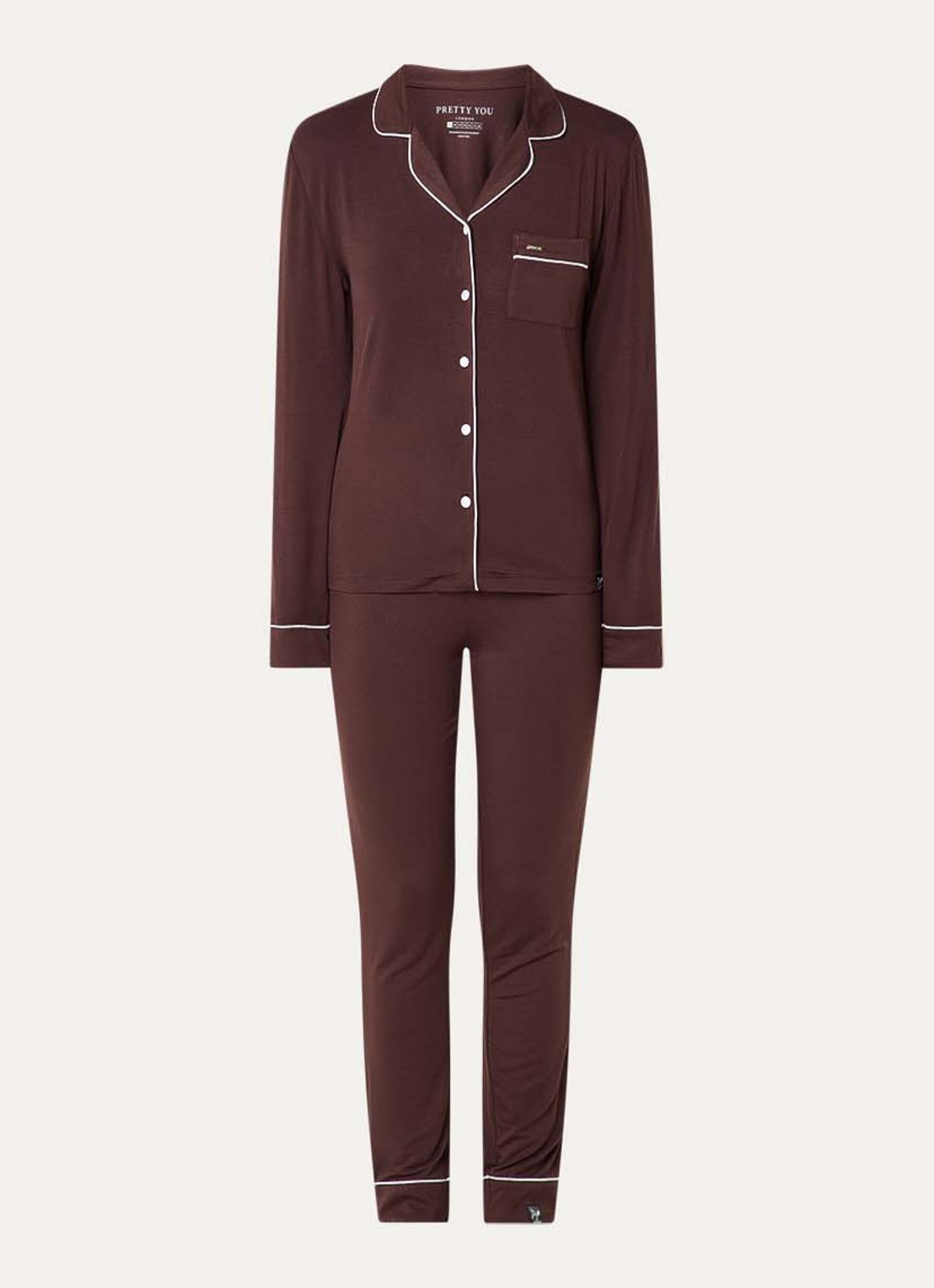 Pretty You Bamboo pyjamaset met contrasterende bies - voorkant 2 donkerbruin