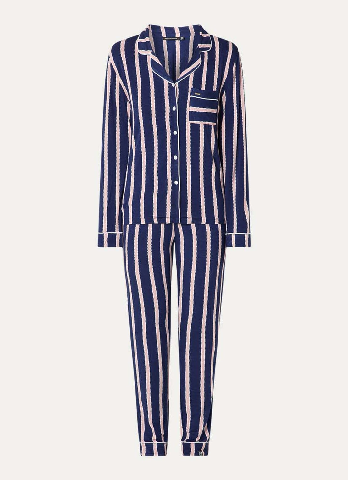 Pretty You Bamboo pyjamaset met contrasterende bies - voorkant donkerblauw