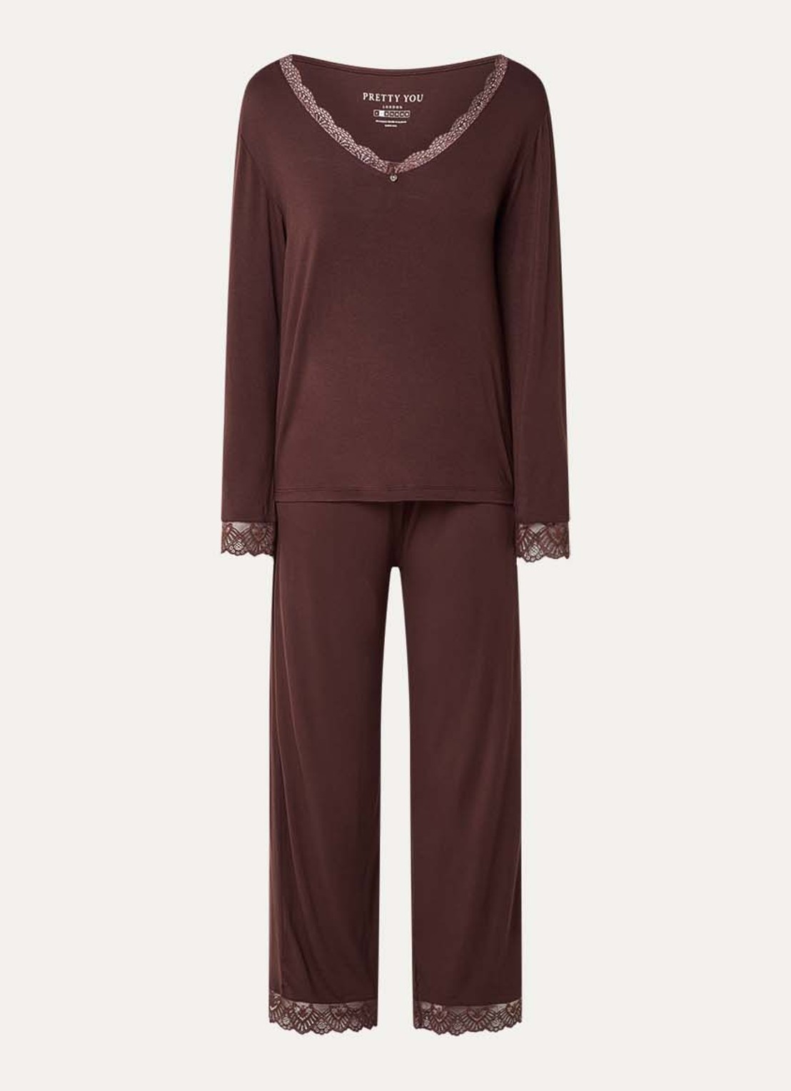Pretty You Bamboo pyjamaset met details van kant - voorkant donkerbruin