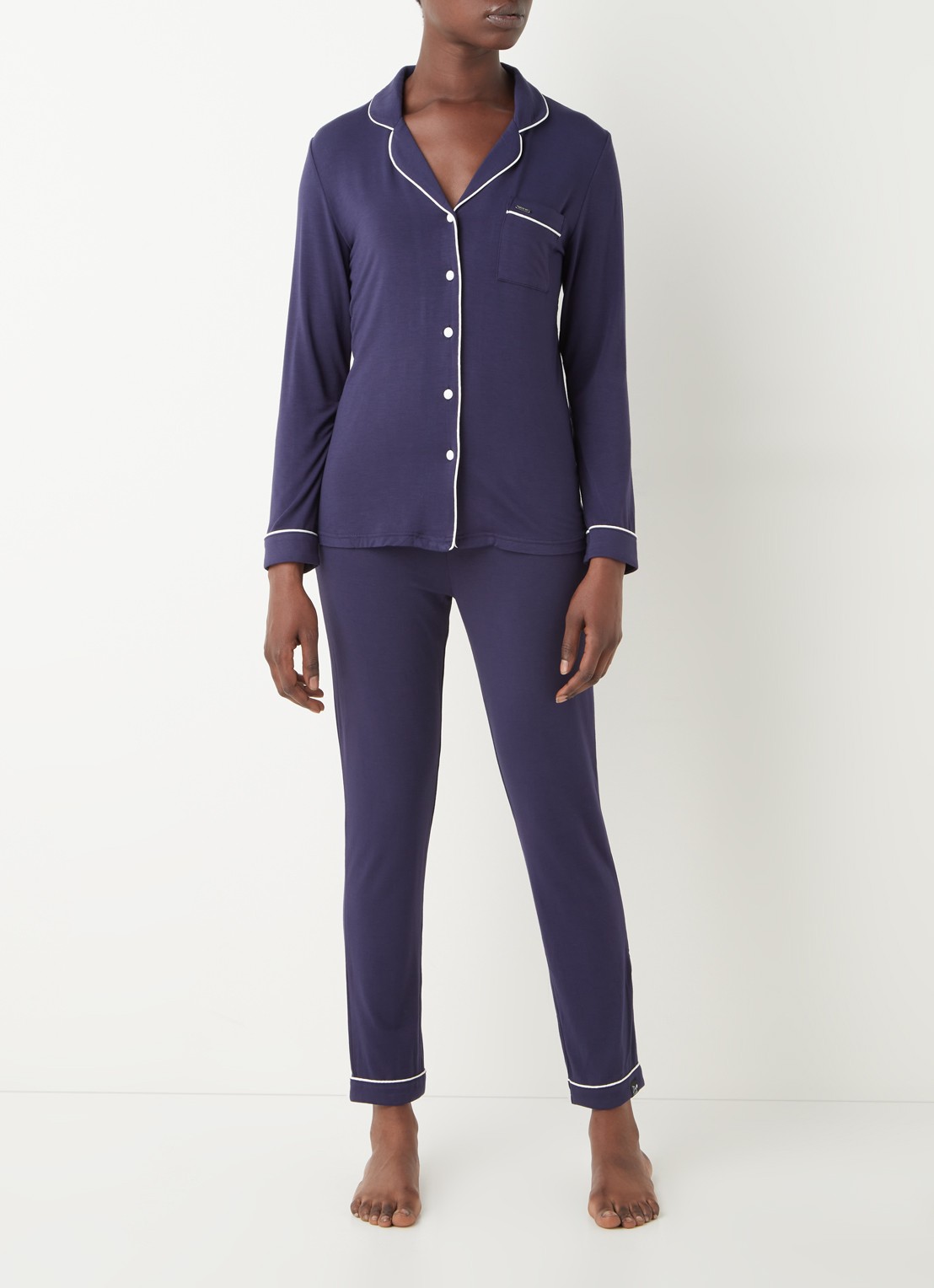 Pretty You Bamboo pyjamaset met getipte bies - voorkant 4 donkerblauw