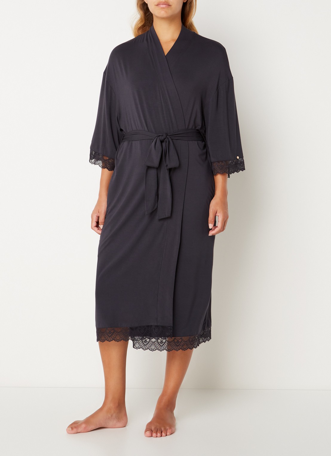 Pretty You Kimono met strikceintuur en kant - voorkant 3 antraciet