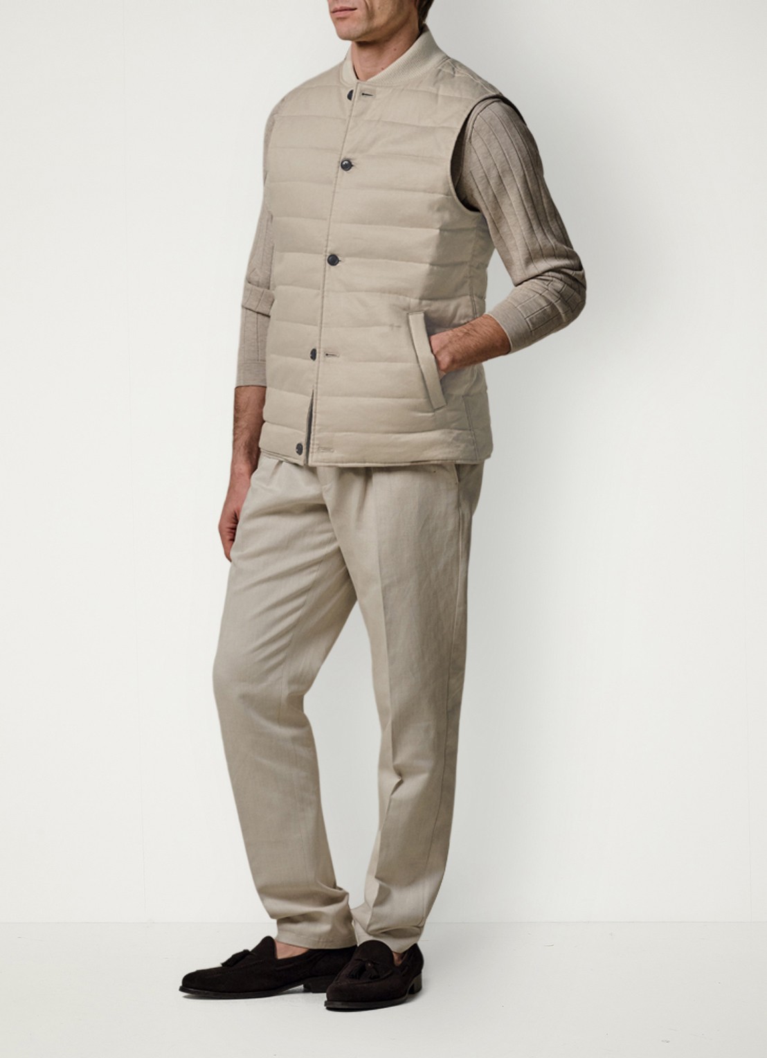 Profuomo Bodywarmer in linnenblend met steekzakken - voorkant 5 beige