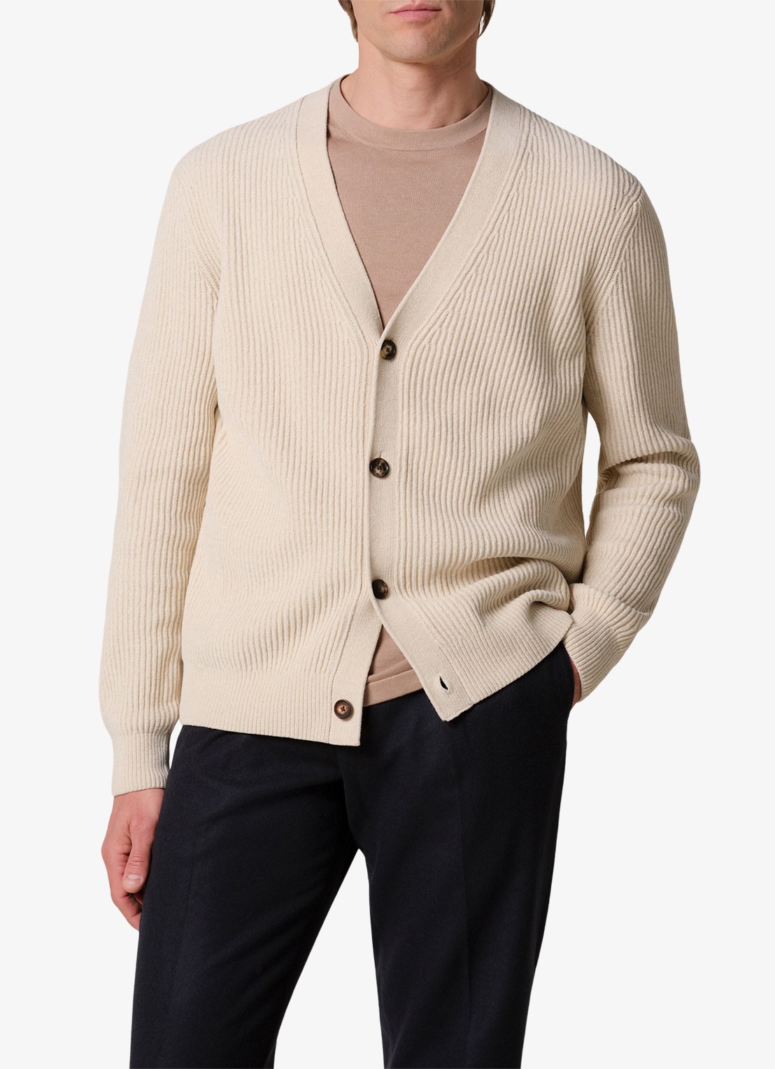 Profuomo Chenille ribgebreid vest in wolblend - detail 4 zand