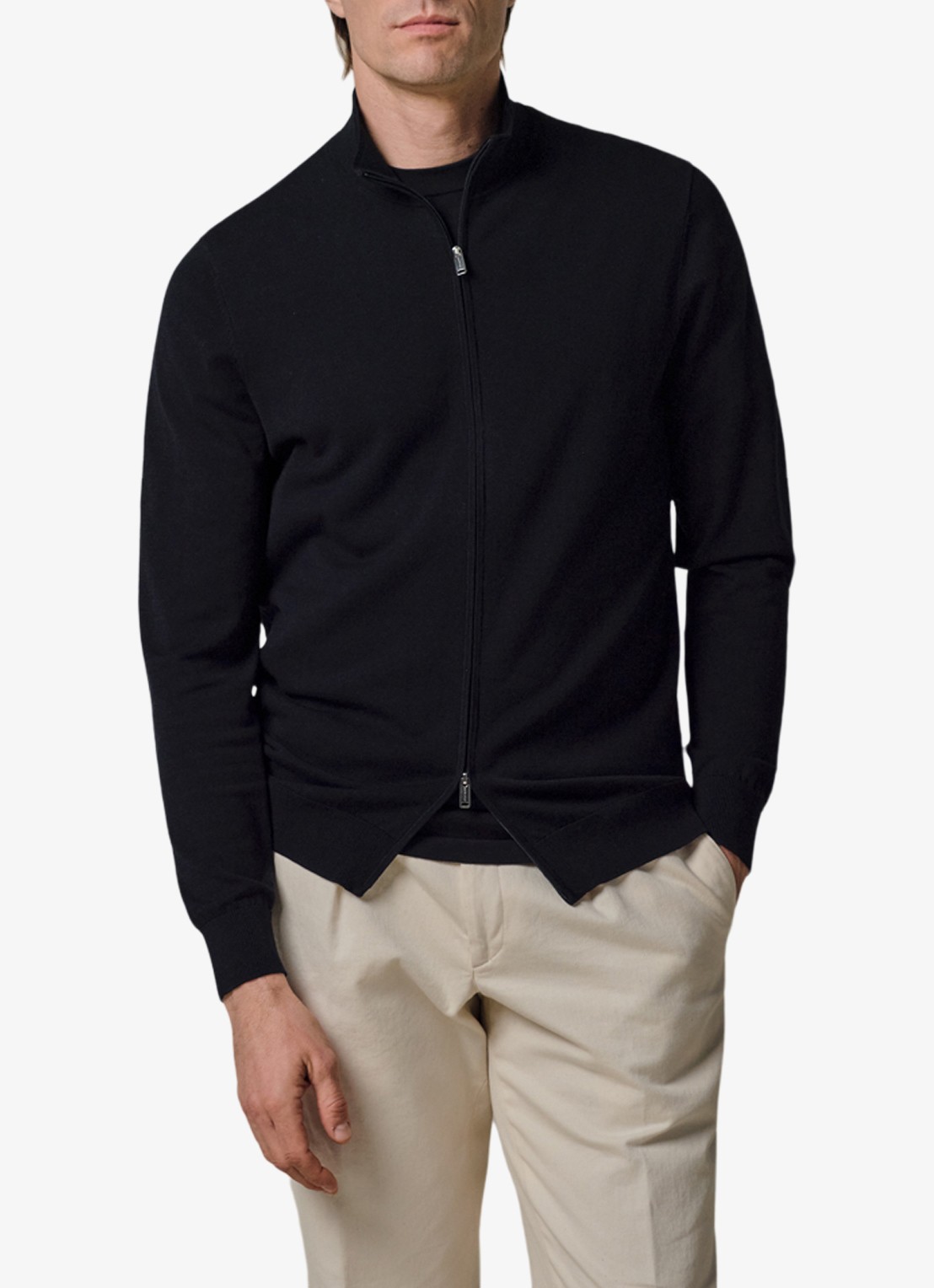 Profuomo Fijngebreid vest in zijdeblend met opstaande kraag - detail 3 donkerblauw