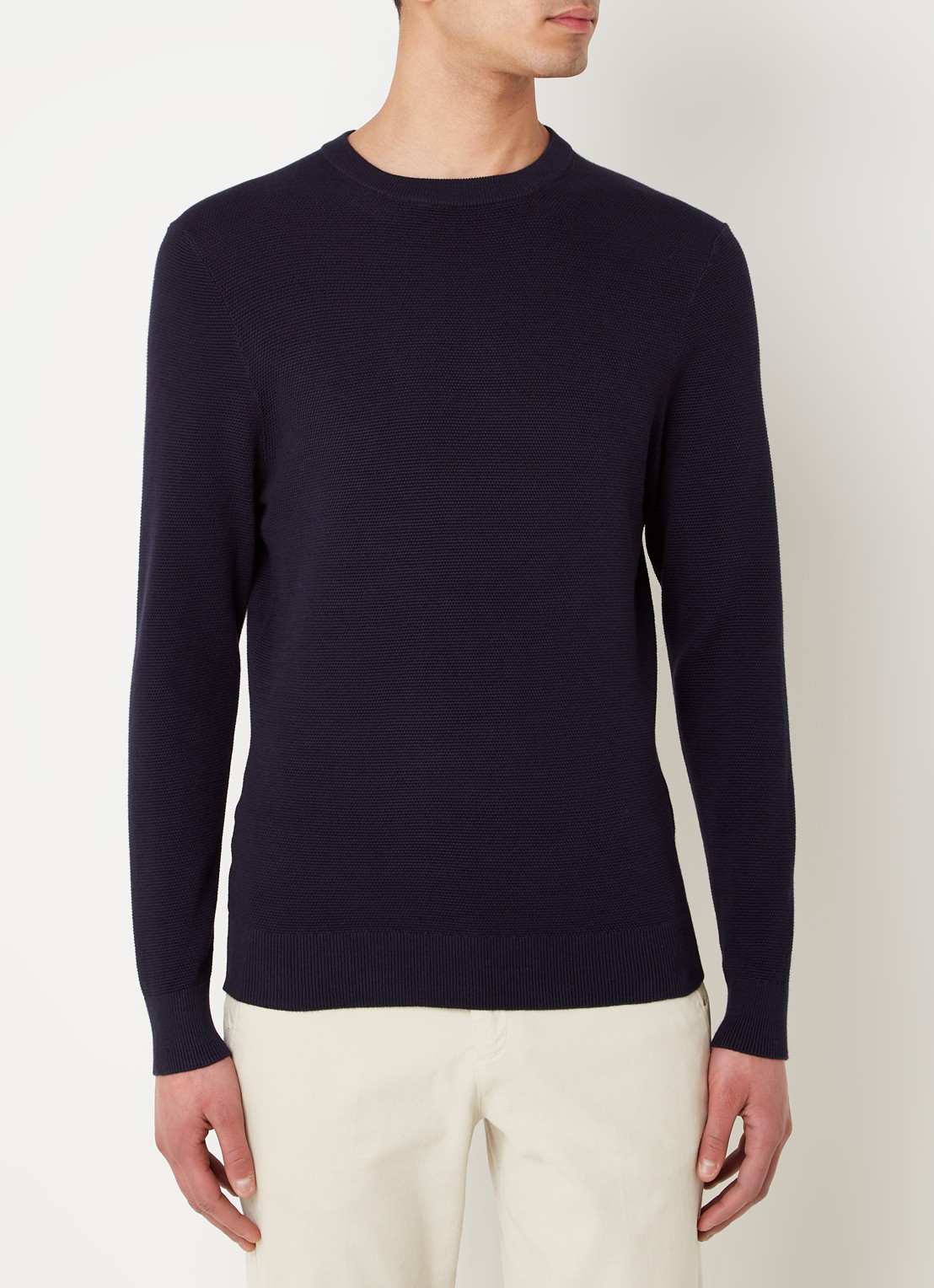 Profuomo Fijngebreide pullover met ronde hals - detail donkerblauw