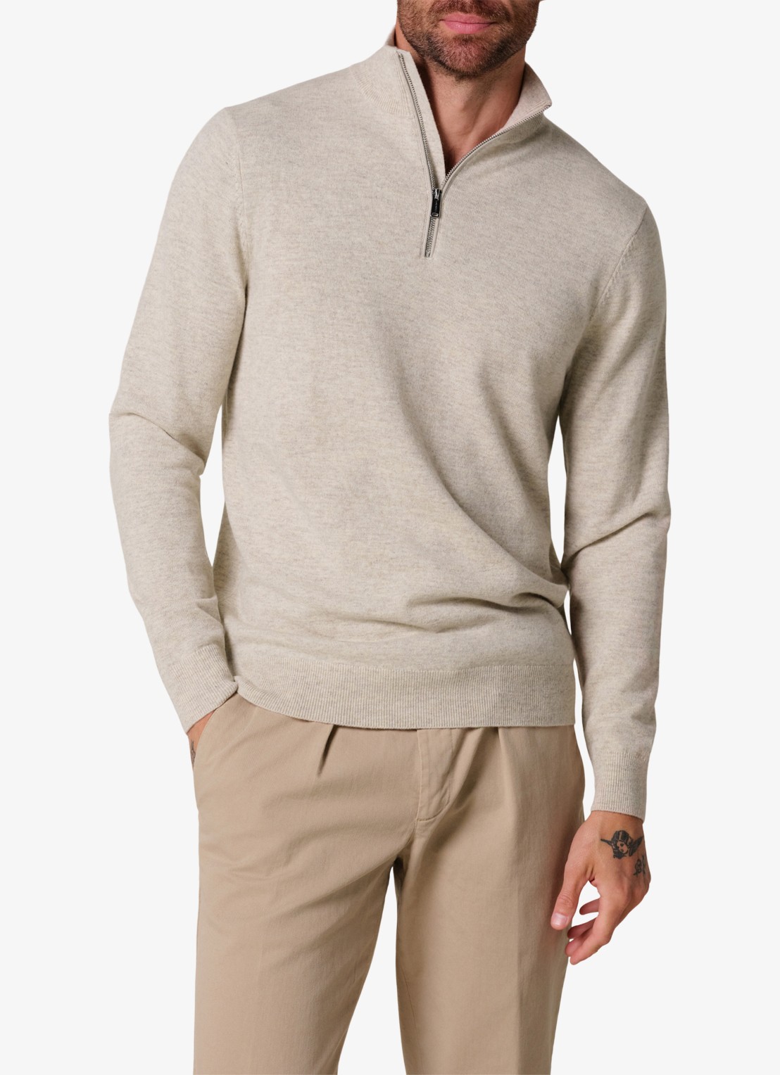 Profuomo Fijngebreide trui in wolblend met halve rits - detail 3 beige
