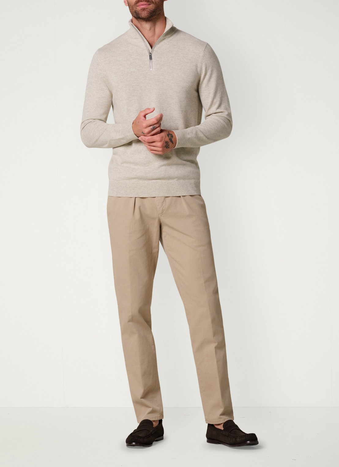 Profuomo Fijngebreide trui in wolblend met halve rits - voorkant 2 beige
