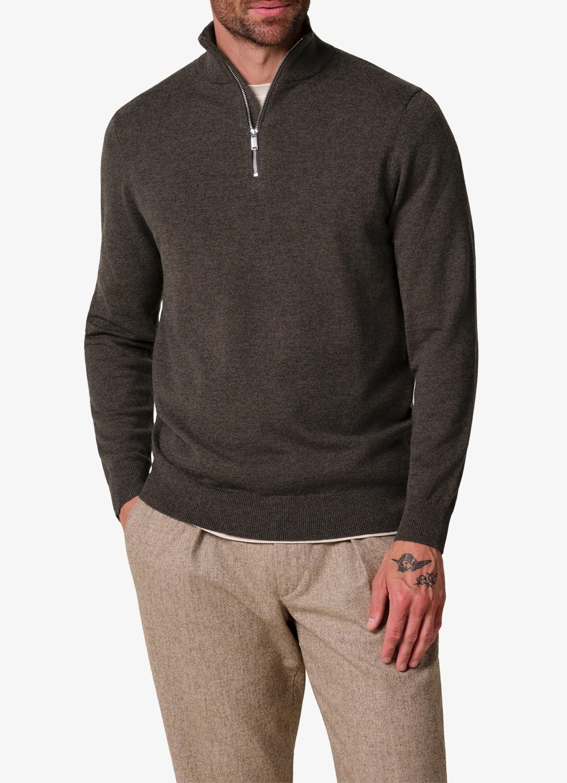 Profuomo Fijngebreide trui in wolblend met halve rits - detail bruin