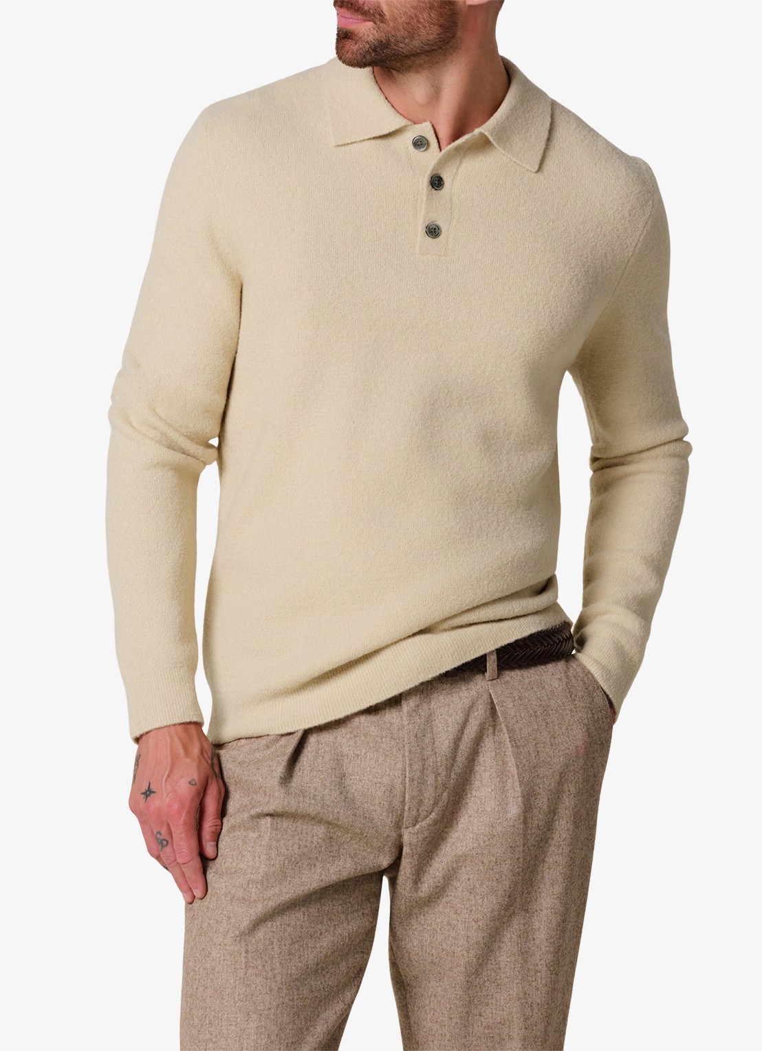 Profuomo Fijngebreide trui in wolblend met polokraag - detail 3 zand