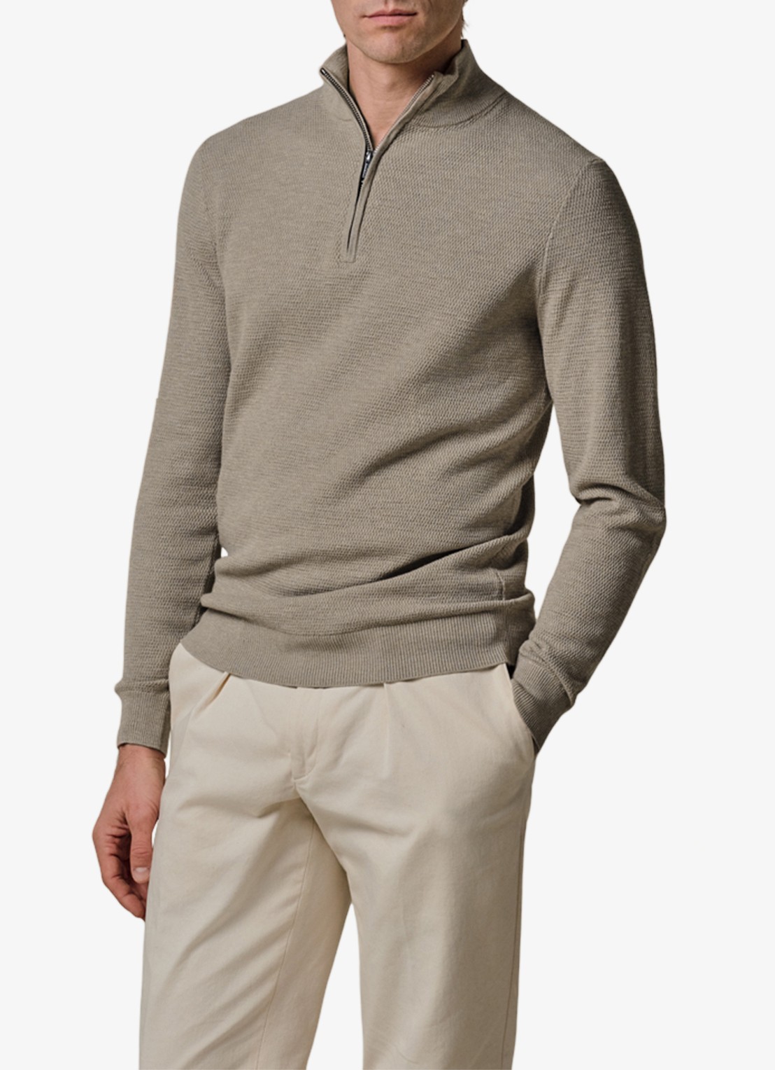 Profuomo Fijngebreide trui met halve rits - detail beige