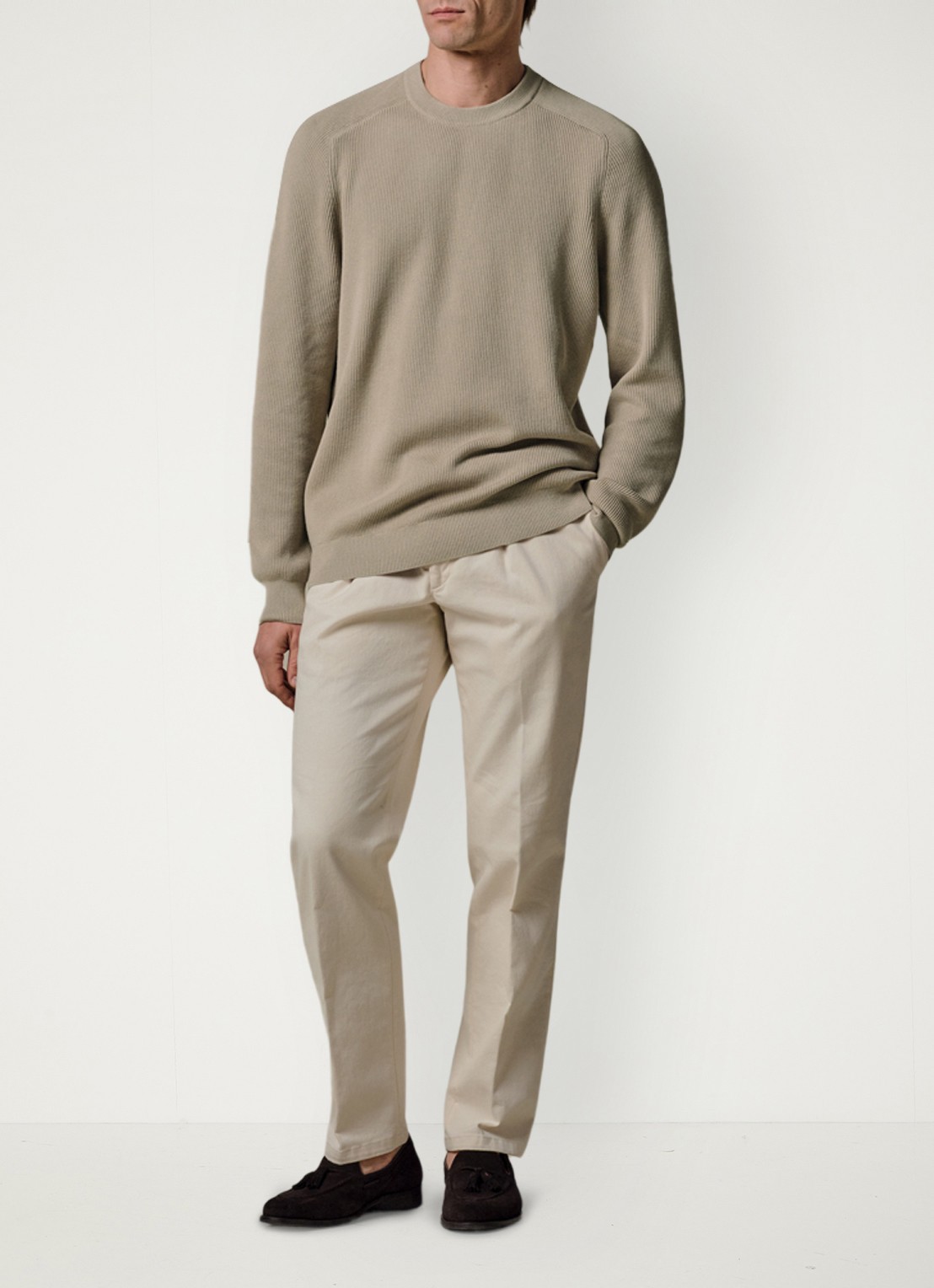 Profuomo Fijngebreide trui met ribstructuur - voorkant 2 beige