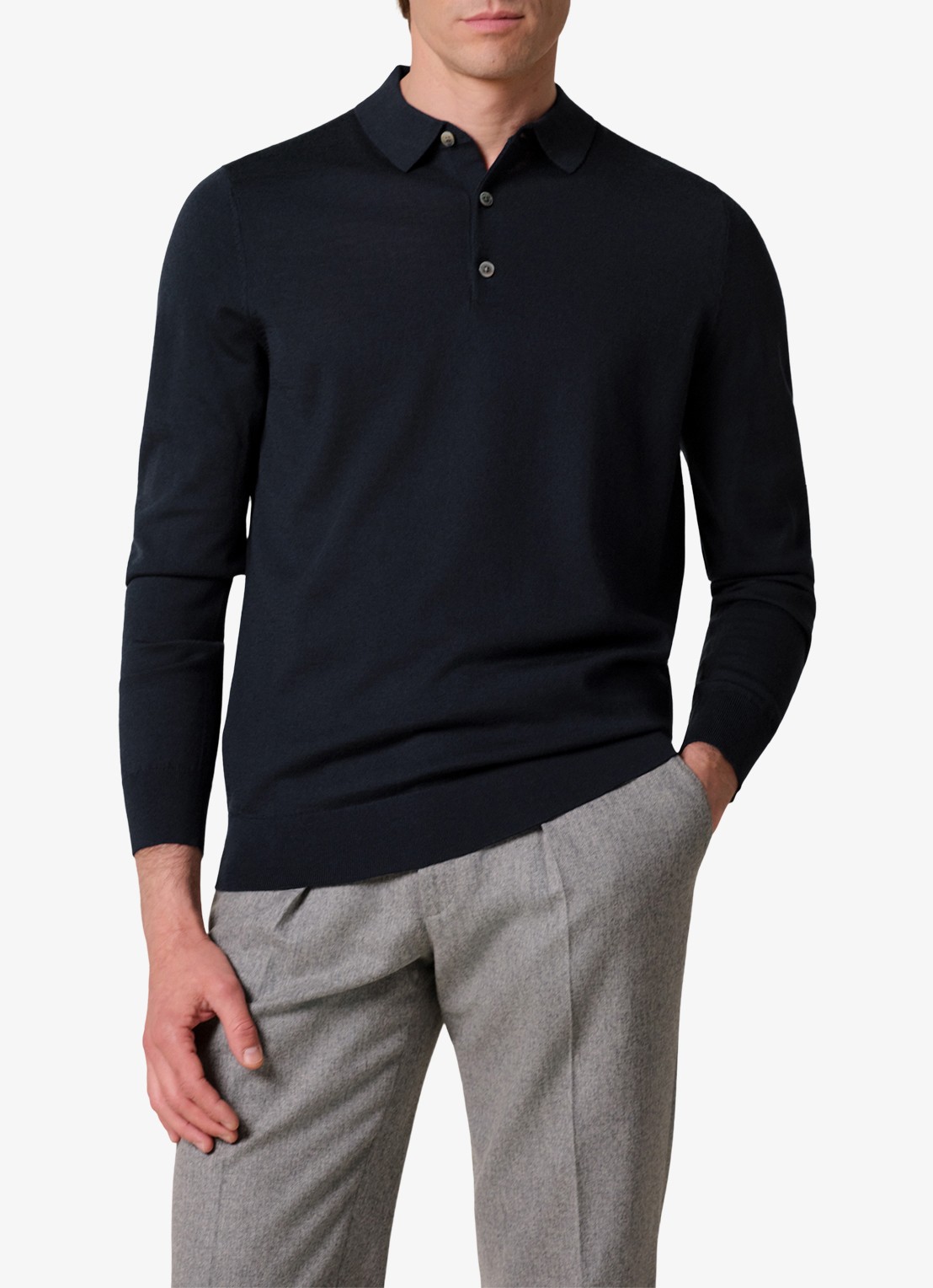 Profuomo Fijngebreide trui van wol met polokraag - detail 3 donkerblauw