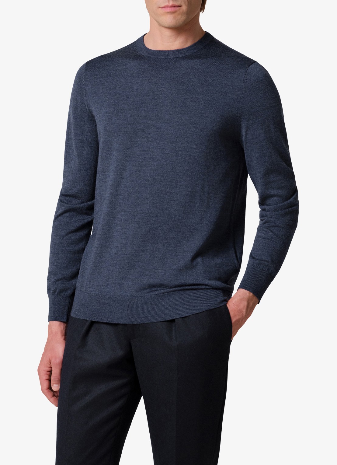 Profuomo Fijngebreide trui van wol met ronde hals - detail donkerblauw