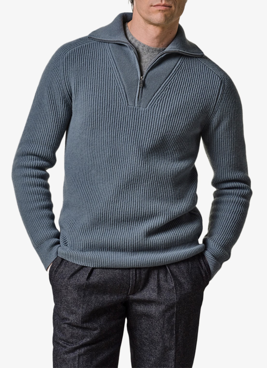 Profuomo Grofgebreide schippertrui van wol - detail blauw