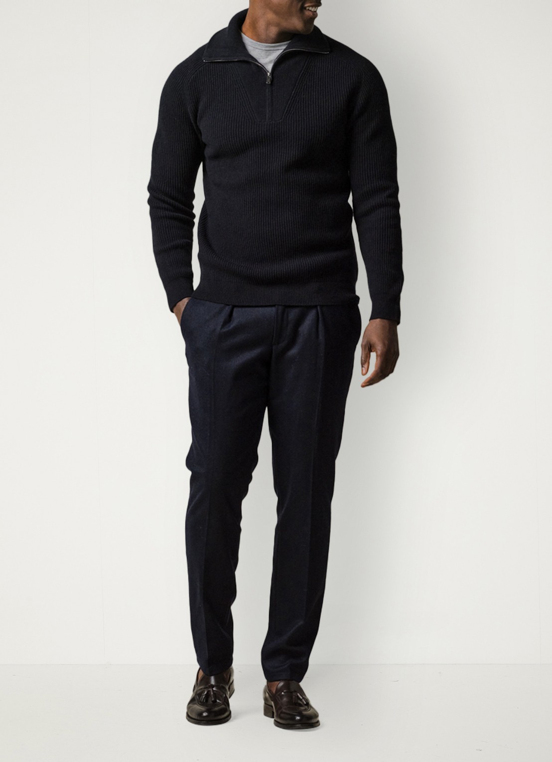 Profuomo Grofgebreide schippertrui van wol - voorkant 5 donkerblauw