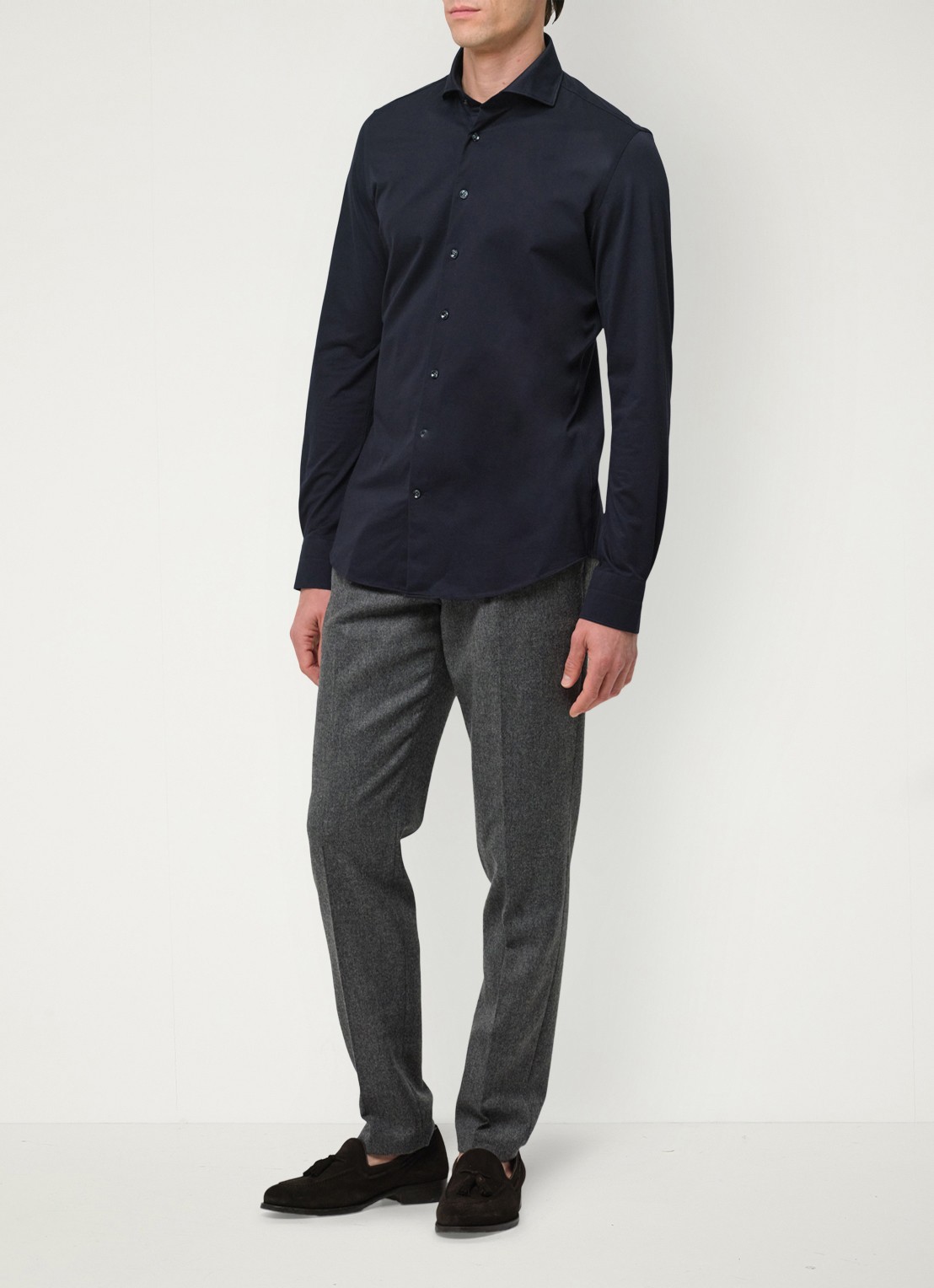 Profuomo Japanese knitted regular fit overhemd met cut away kraag - voorkant donkerblauw
