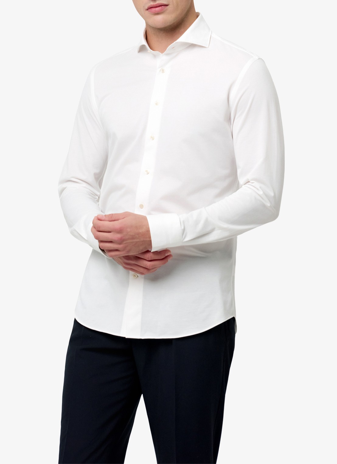 Profuomo Japanese knitted slim fit overhemd met cut away kraag - detail wit