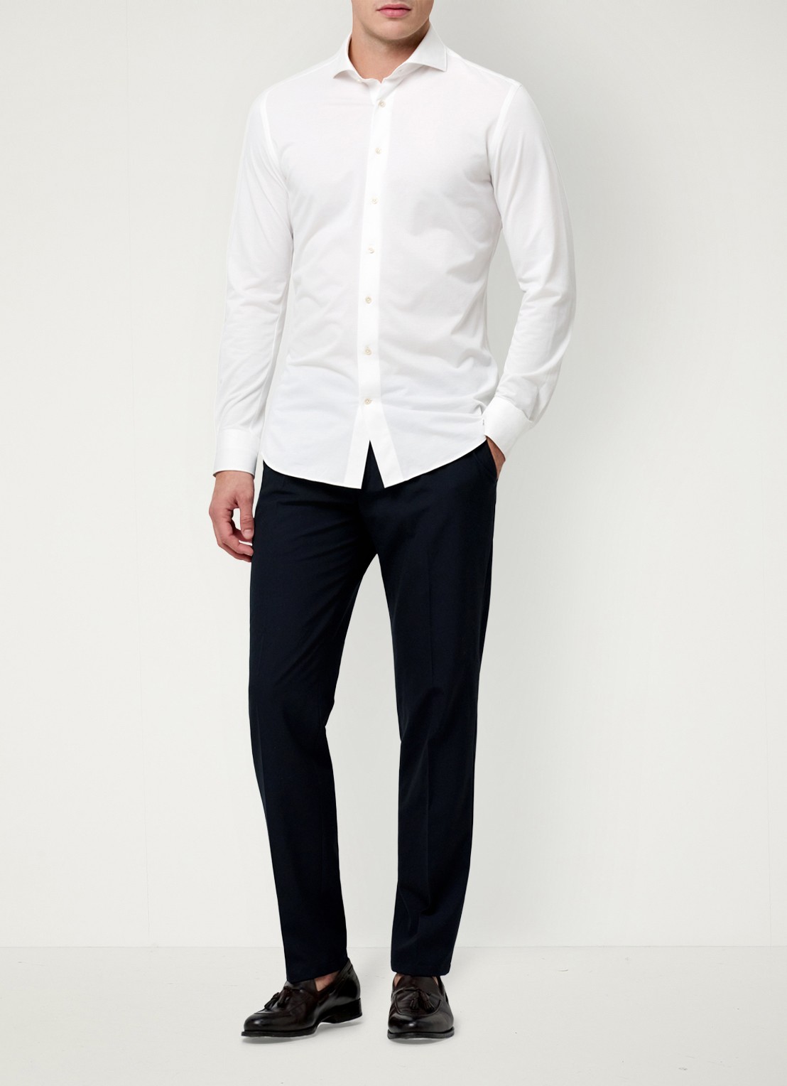 Profuomo Japanese knitted slim fit overhemd met cut away kraag - voorkant 6 wit