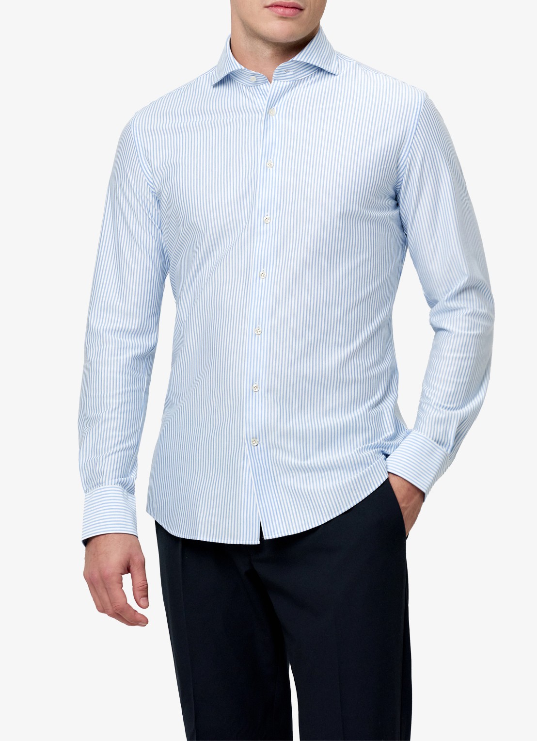 Profuomo Japanese Knitted slim fit overhemd met streepprint - detail 4 lichtblauw