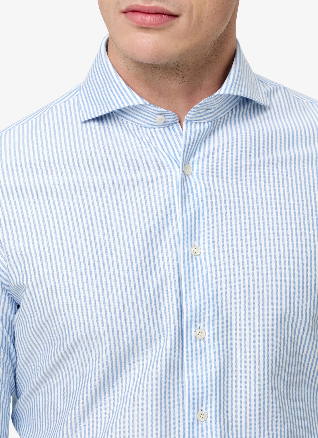 Profuomo Japanese Knitted slim fit overhemd met streepprint - detail 5 lichtblauw