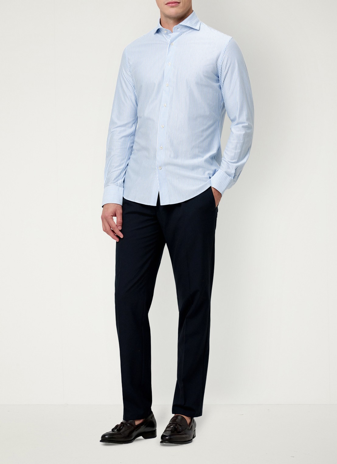 Profuomo Japanese Knitted slim fit overhemd met streepprint - voorkant 3 lichtblauw