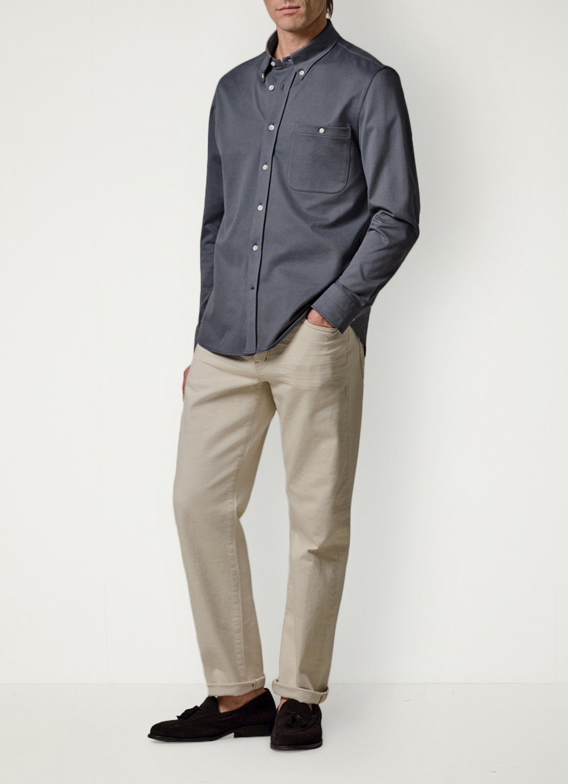 Profuomo Japanese knitted slim fit overhemd - voorkant 6 middenblauw