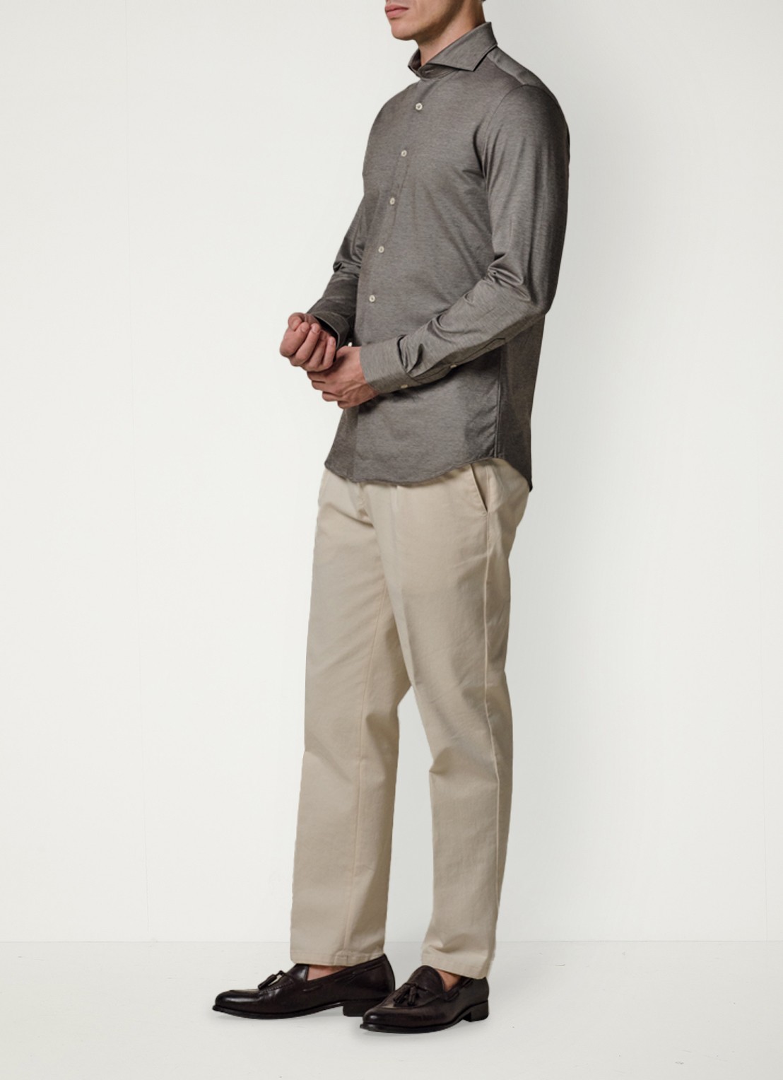 Profuomo Japanese knitted slim fit shirt - voorkant 2 middenbruin