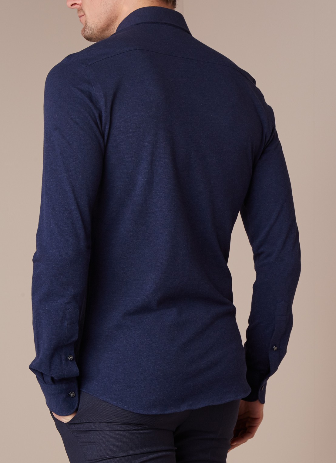 Profuomo Knitted Shirt slim fit overhemd van piqué katoen - achterkant donkerblauw