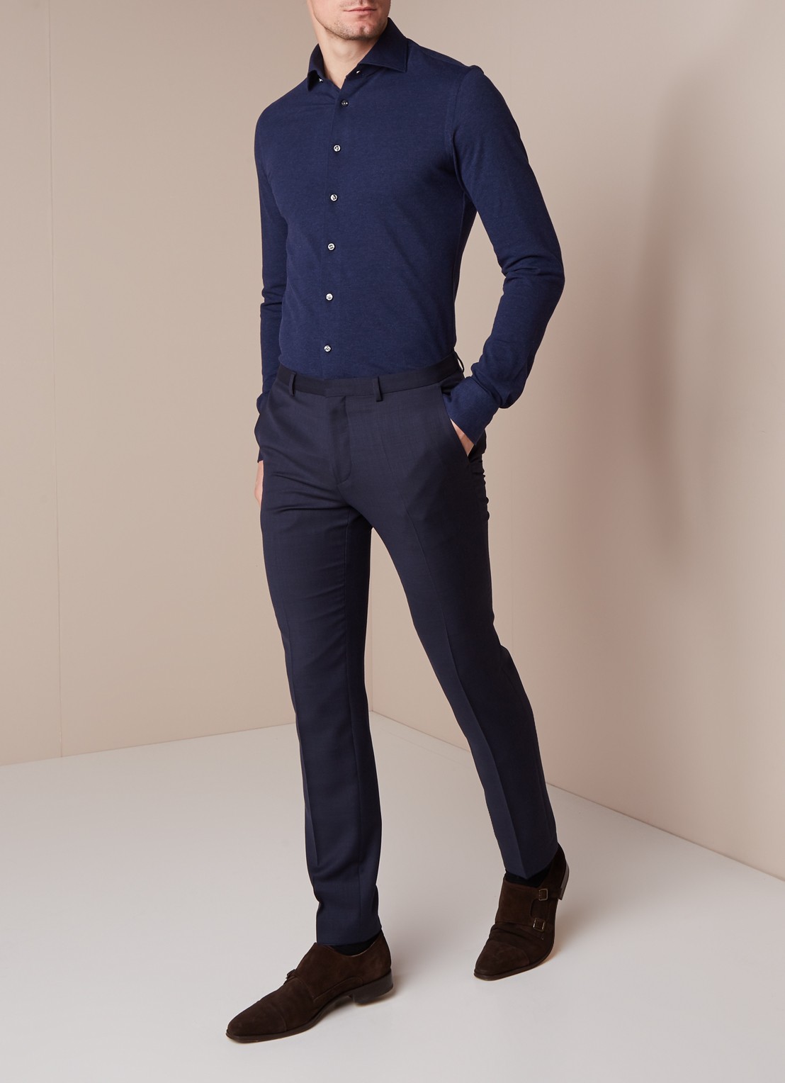 Profuomo Knitted Shirt slim fit overhemd van piqué katoen - voorkant 3 donkerblauw