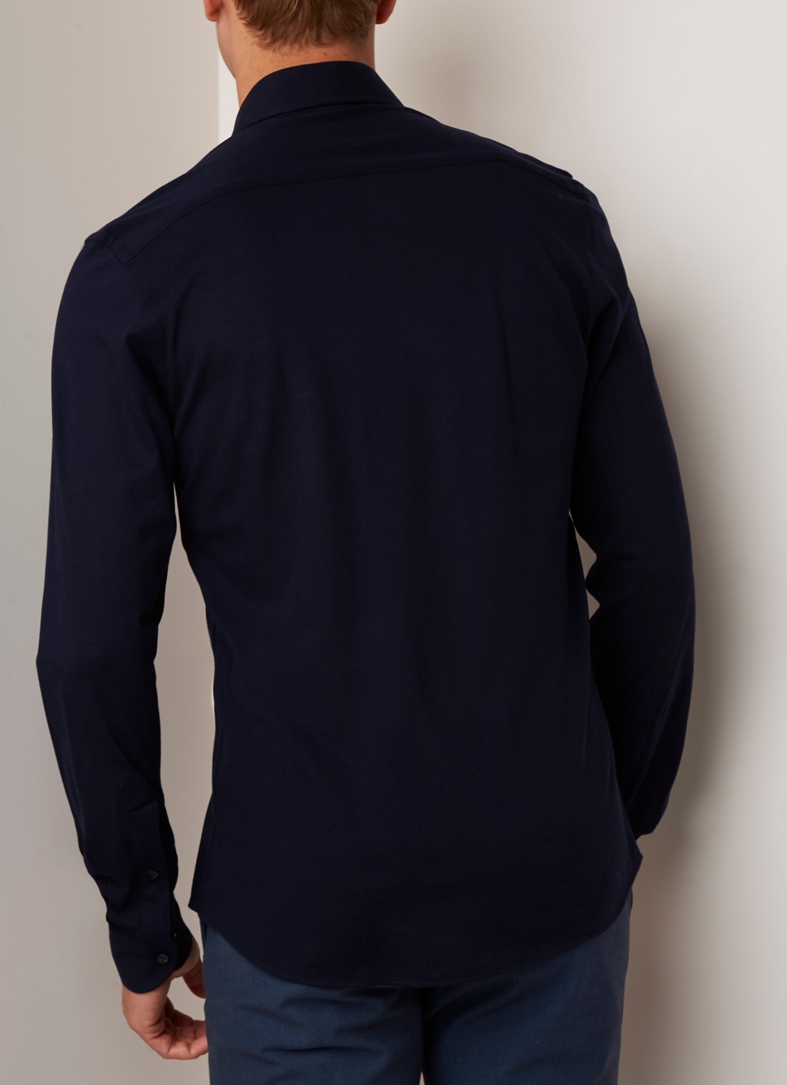 Profuomo Knitted slim fit jersey overhemd van katoen - achterkant donkerblauw