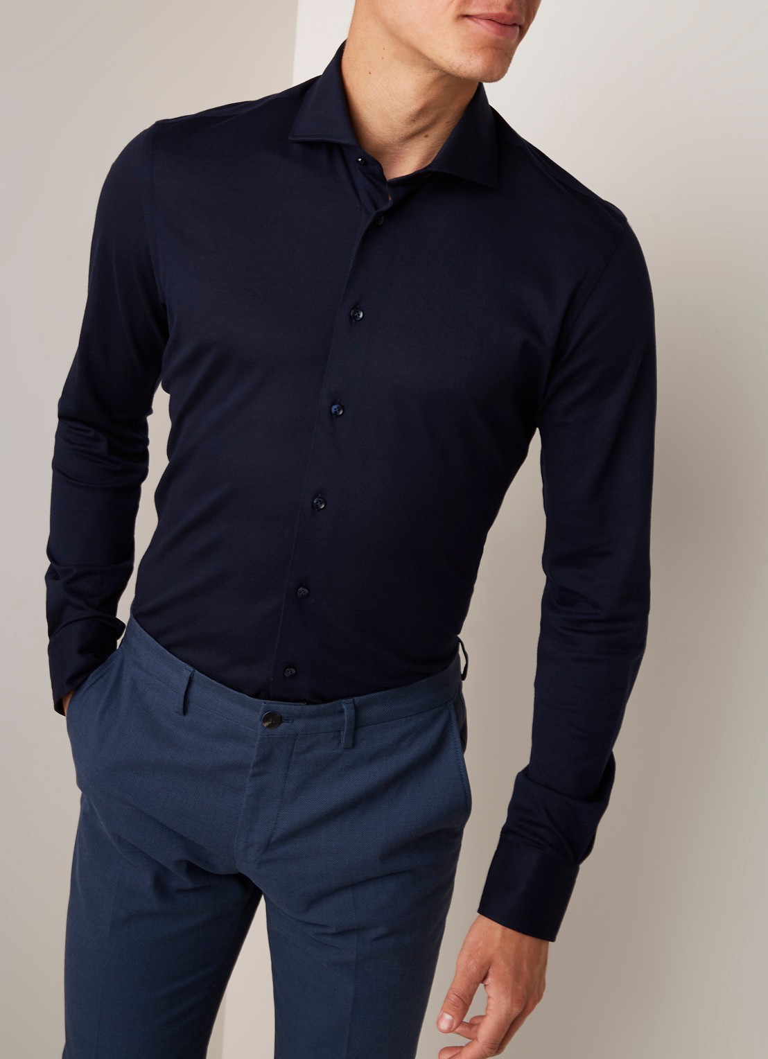 Profuomo Knitted slim fit jersey overhemd van katoen - detail 2 donkerblauw
