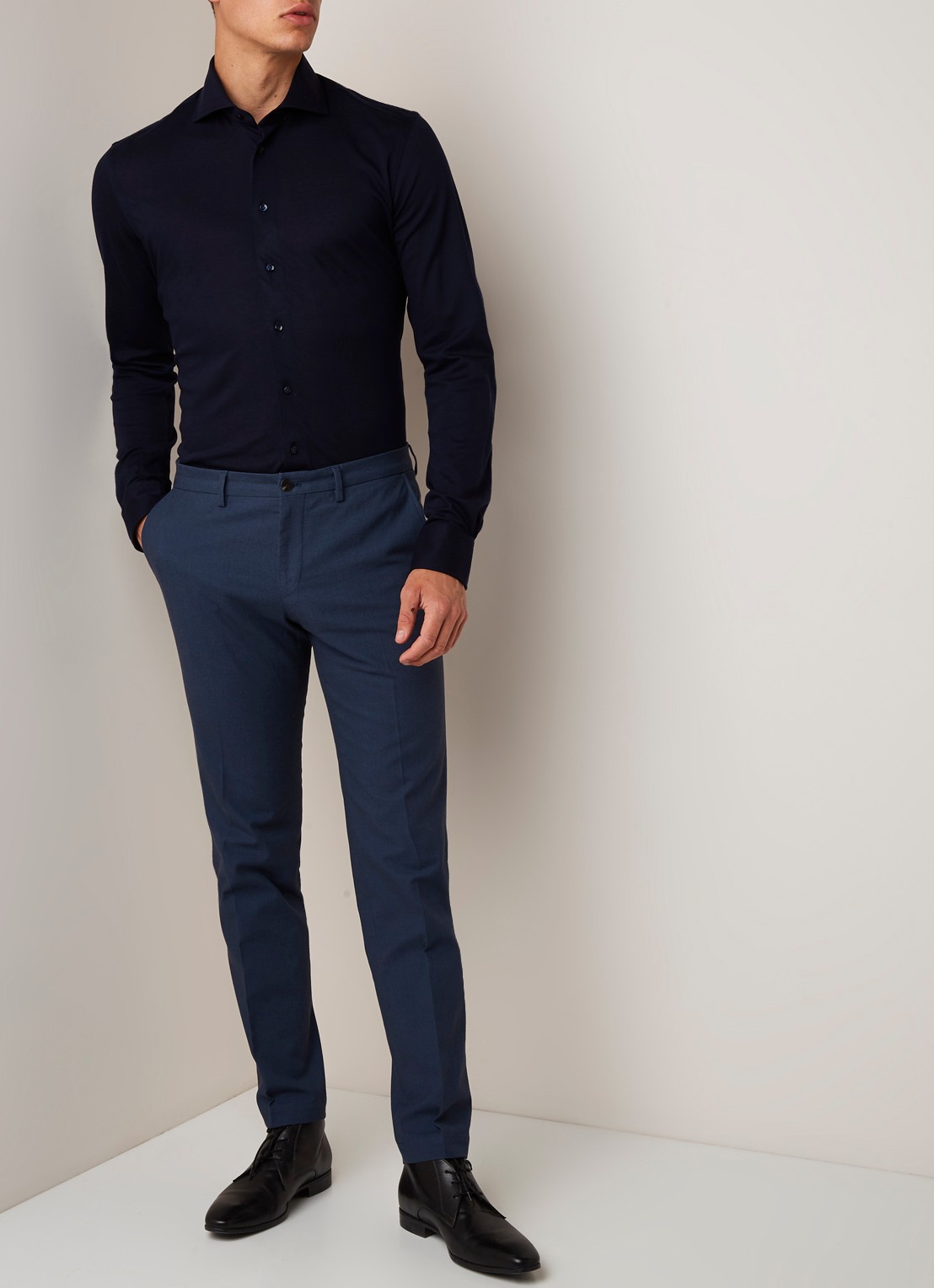 Profuomo Knitted slim fit jersey overhemd van katoen - voorkant 4 donkerblauw