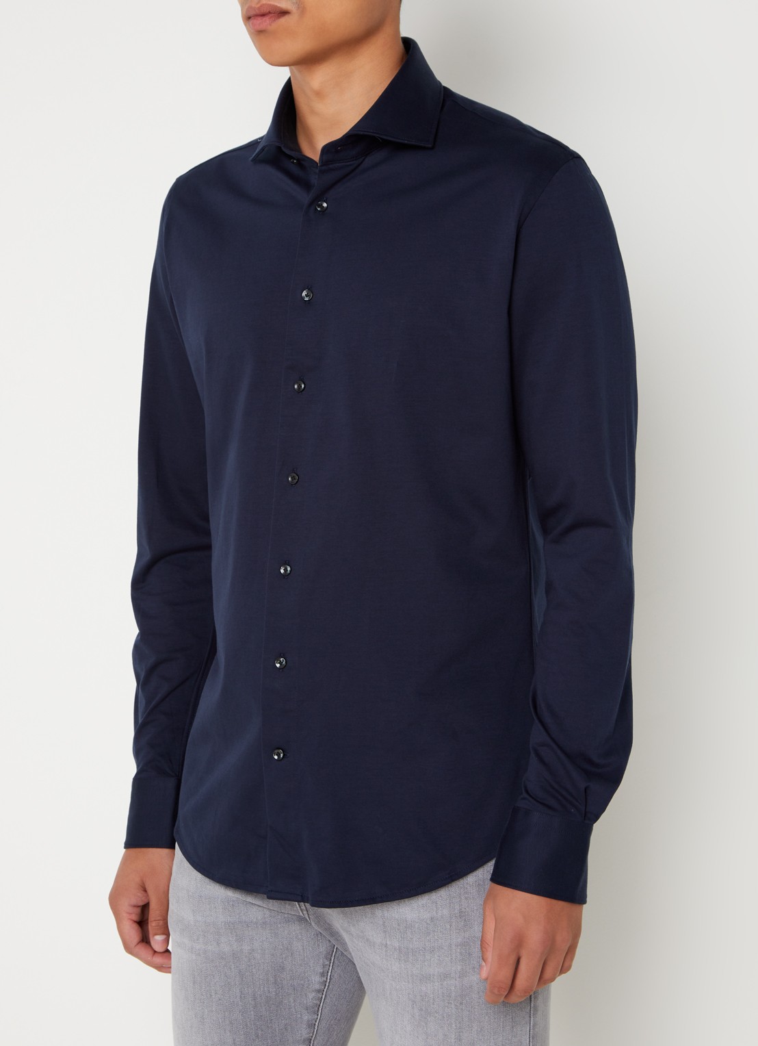 Profuomo Knitted slim fit overhemd met stretch  - detail 5 donkerblauw