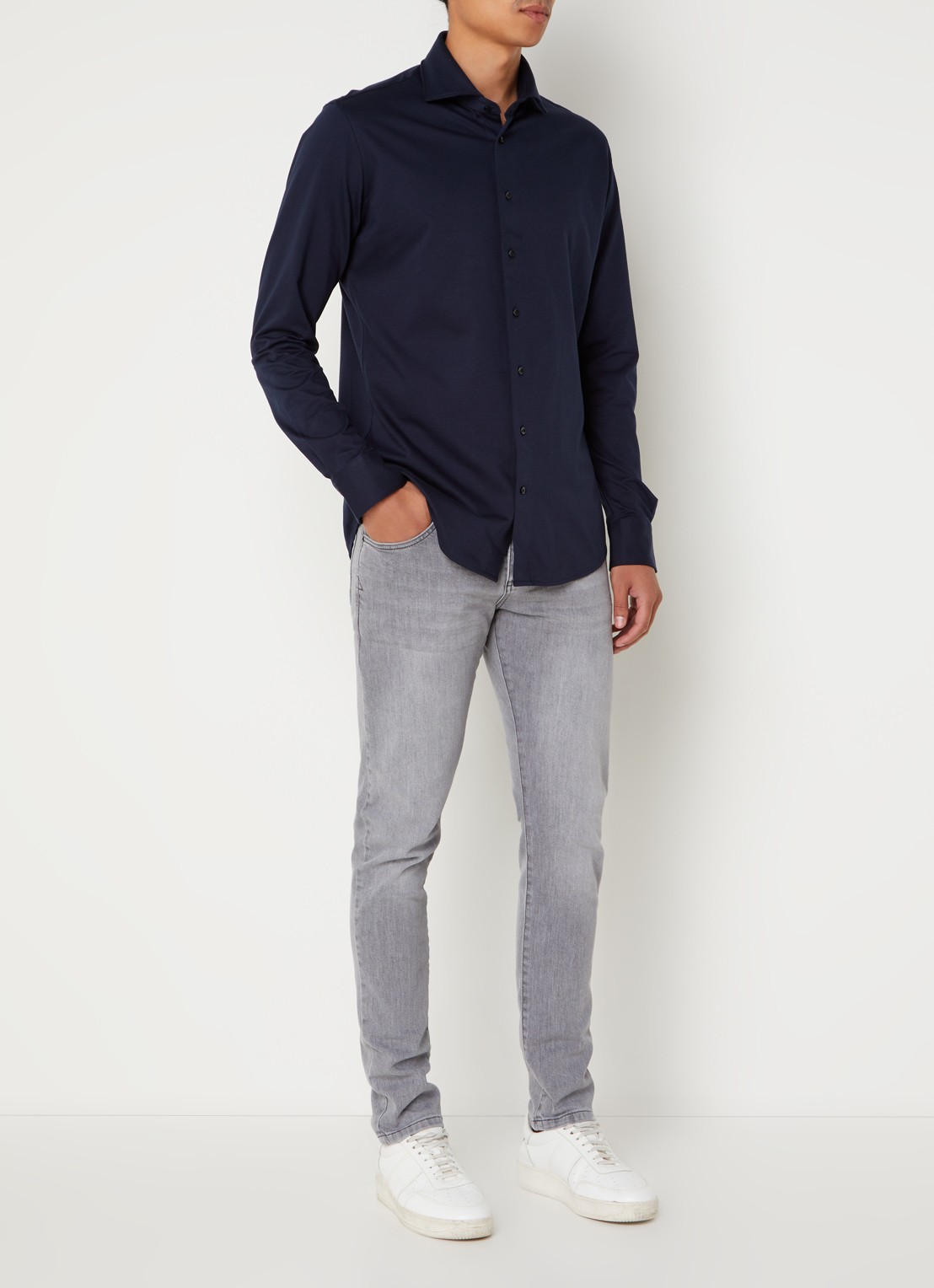 Profuomo Knitted slim fit overhemd met stretch  - voorkant 3 donkerblauw