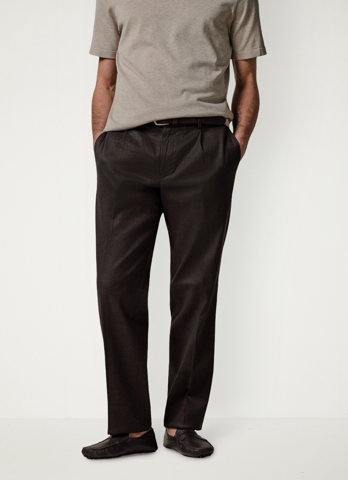 Profuomo Loose fit chino in linnenblend - detail 4 donkerbruin