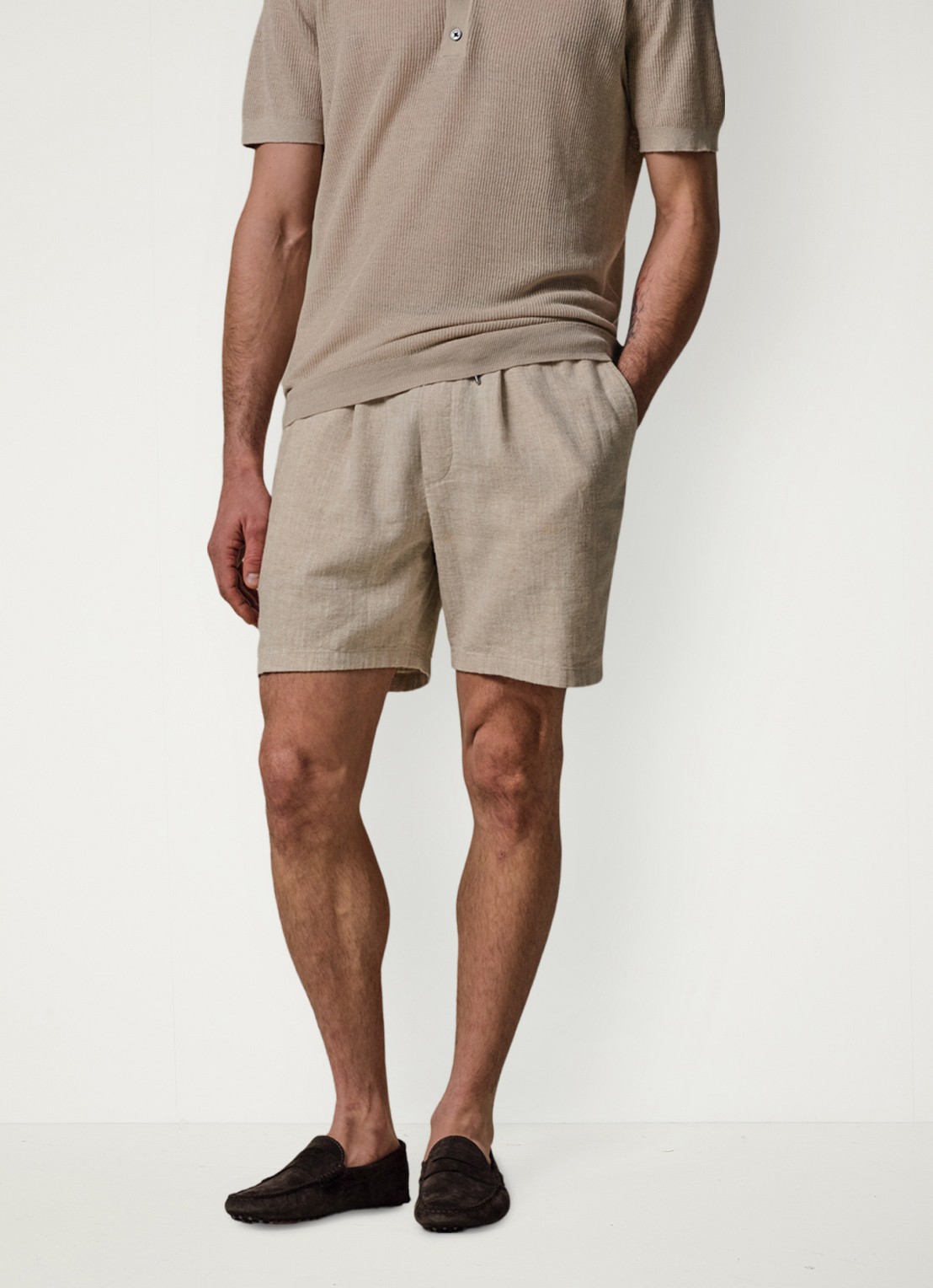 Profuomo Loose fit korte broek in linnenblend - detail 4 beige